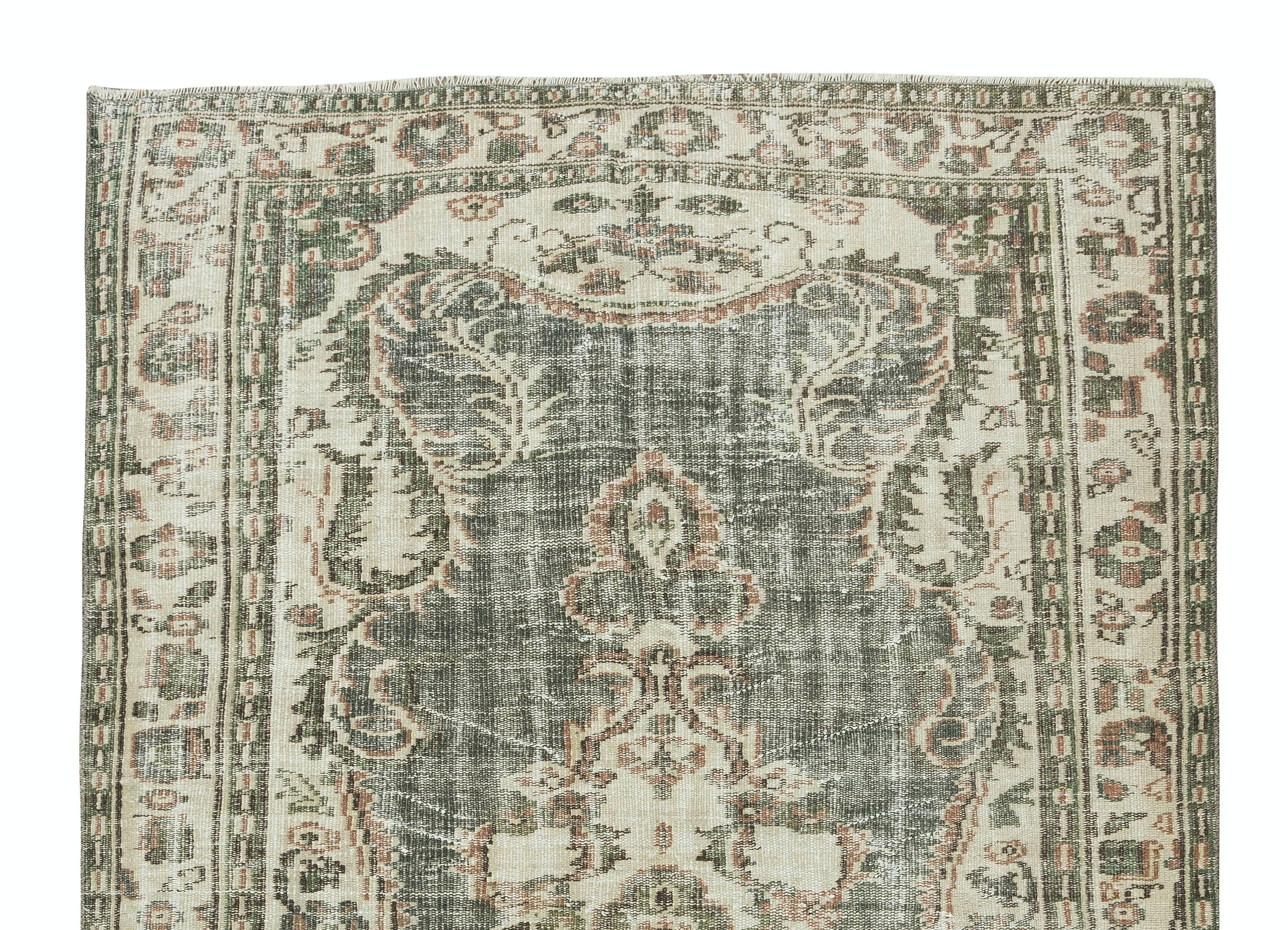 Distressed Look Vintage Handmade Turkish Oushak Rug in Green & Beige In Good Condition For Sale In Philadelphia, PA