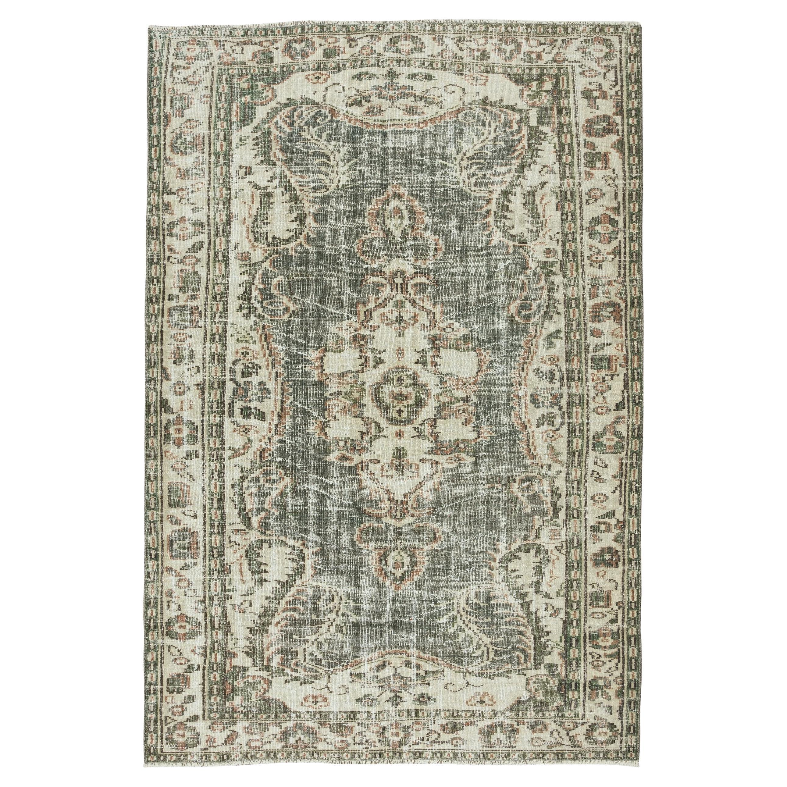 Distressed Look Vintage Handmade Turkish Oushak Rug in Green & Beige For Sale