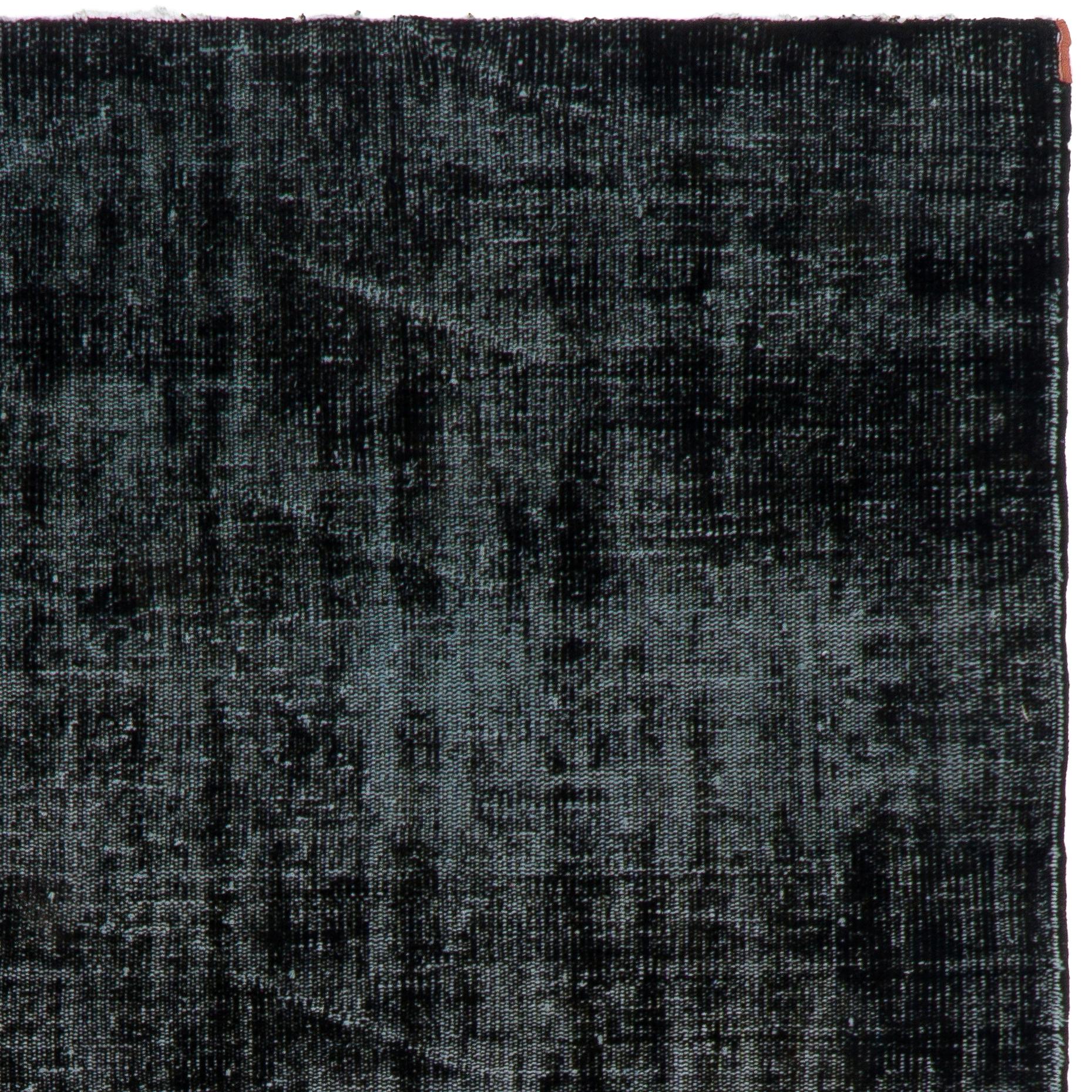 Hand-Woven 5.3x8.3 Ft Modern Handknotted Turkish Plain Area Rug Over-Dyed in Black Color For Sale