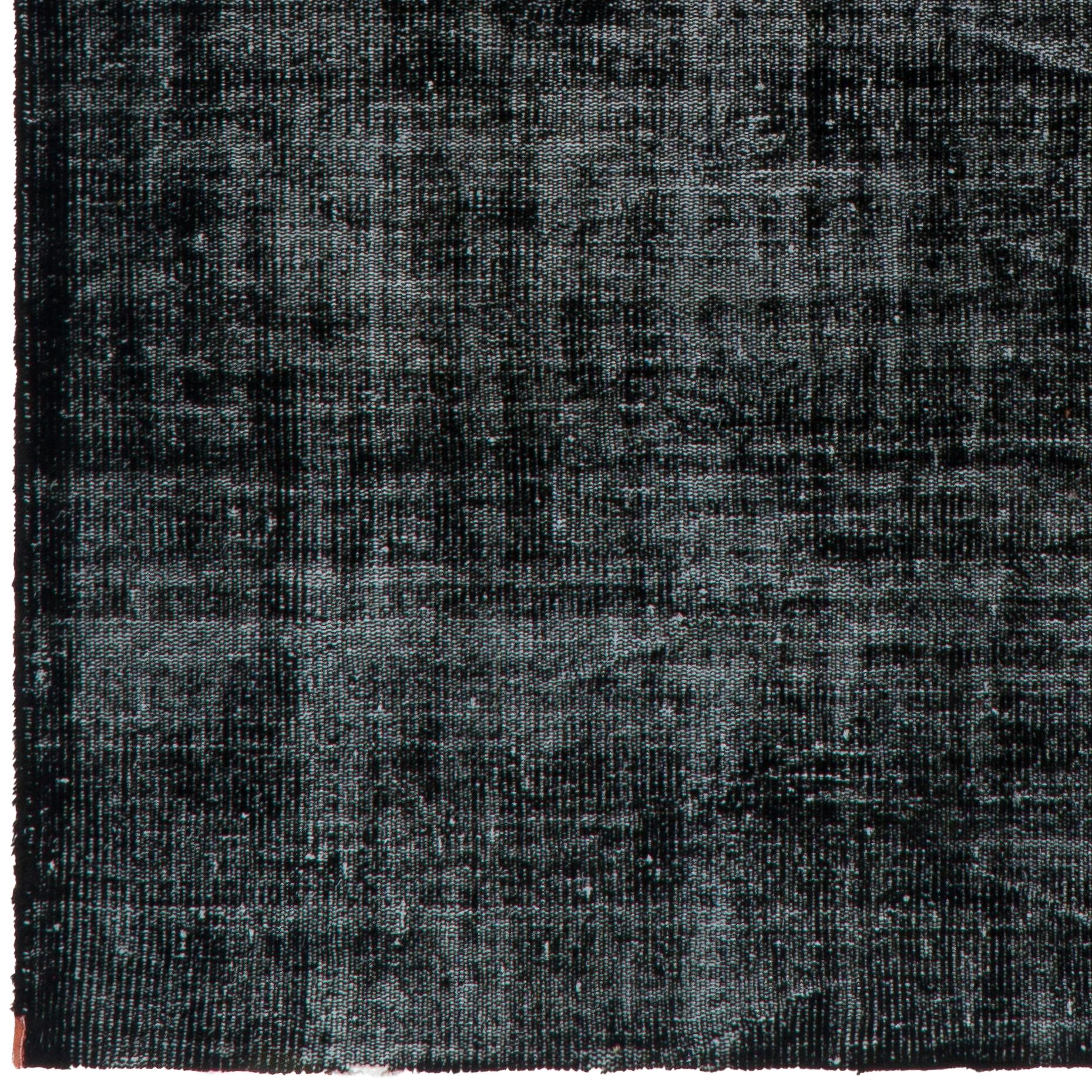 5.3x8.3 Ft Modern Handknotted Turkish Plain Area Rug Over-Dyed in Black Color In Good Condition For Sale In Spring Valley, NY