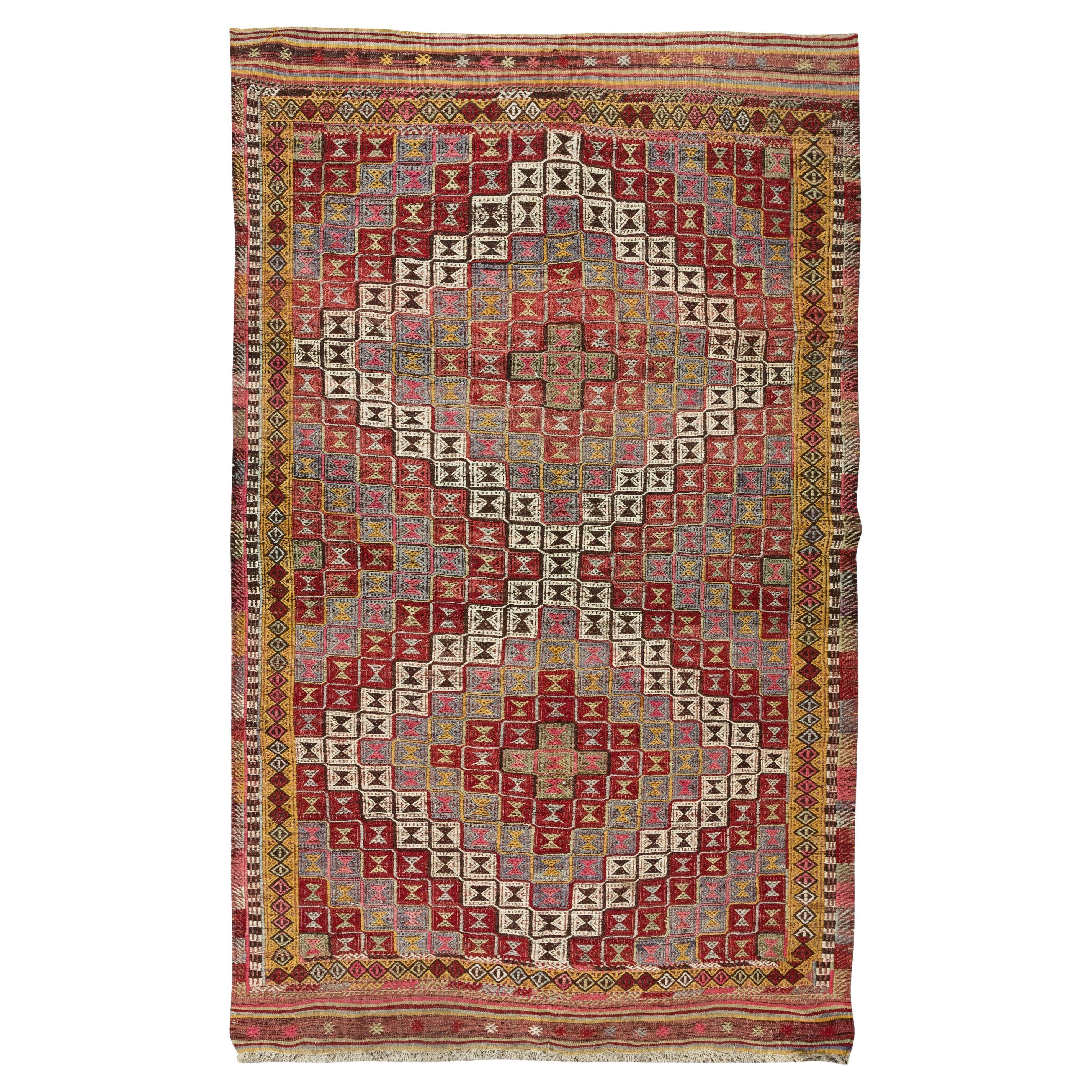 5.3x8.3 Ft One-of-a-Kind Geometric Vintage Turkish Jijim Kilim Rug Made of Wool