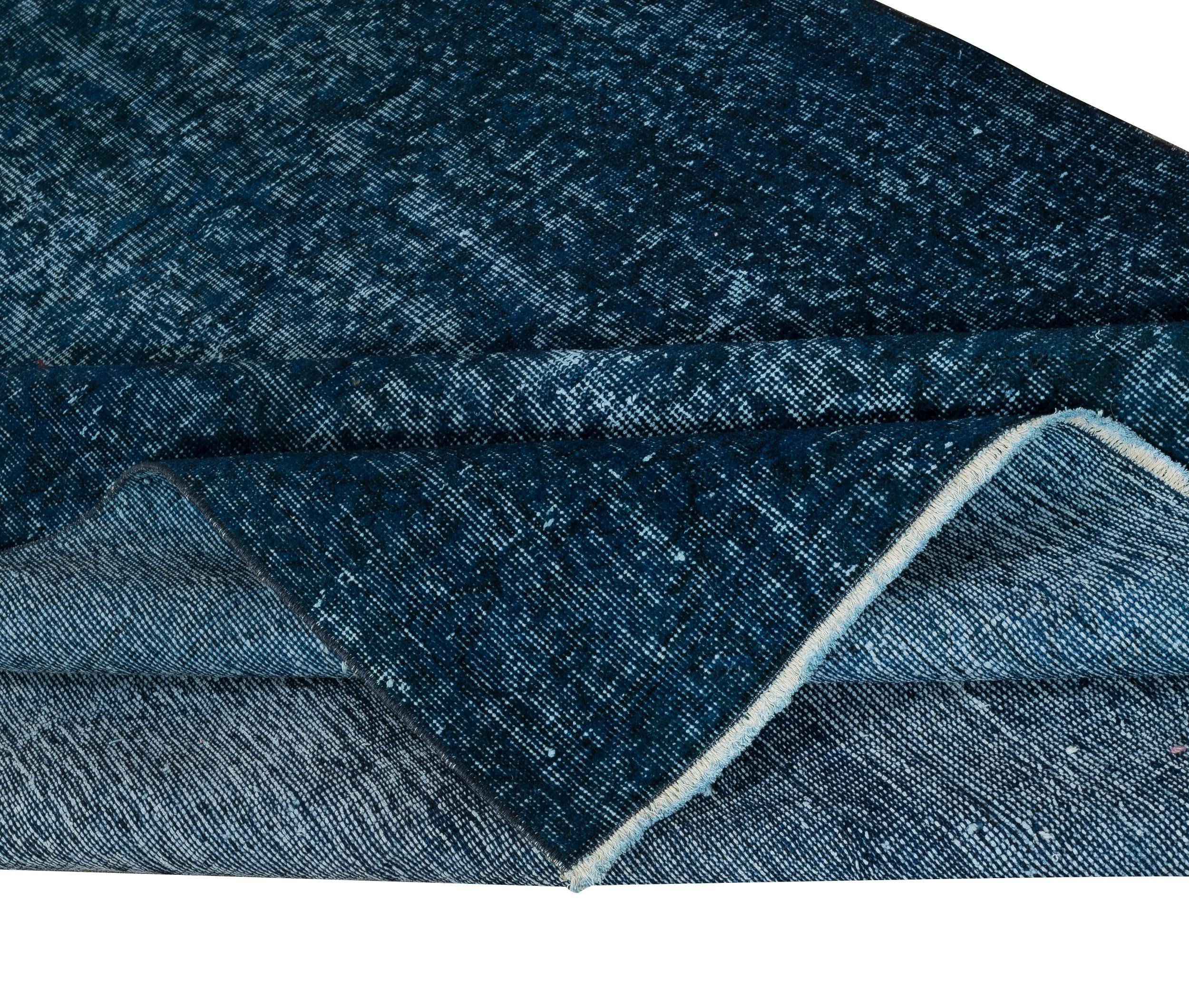 Hand-Knotted 5.3x8.4 Ft Modern Handmade Turkish Area Rug Over-Dyed in Solid Navy Blue Color For Sale