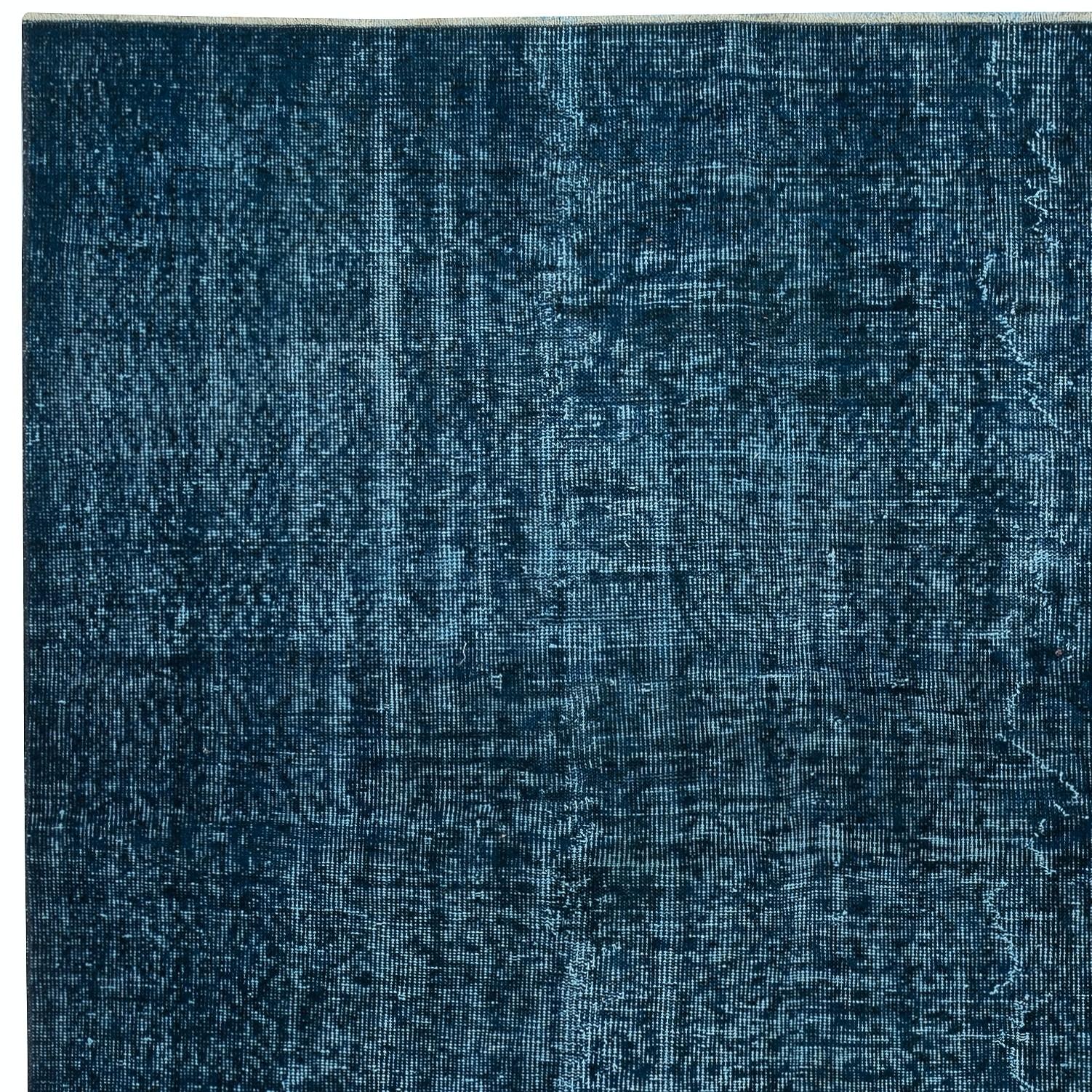 5.3x8.4 Ft Modern Handmade Turkish Area Rug Over-Dyed in Solid Navy Blue Color In Good Condition For Sale In Spring Valley, NY