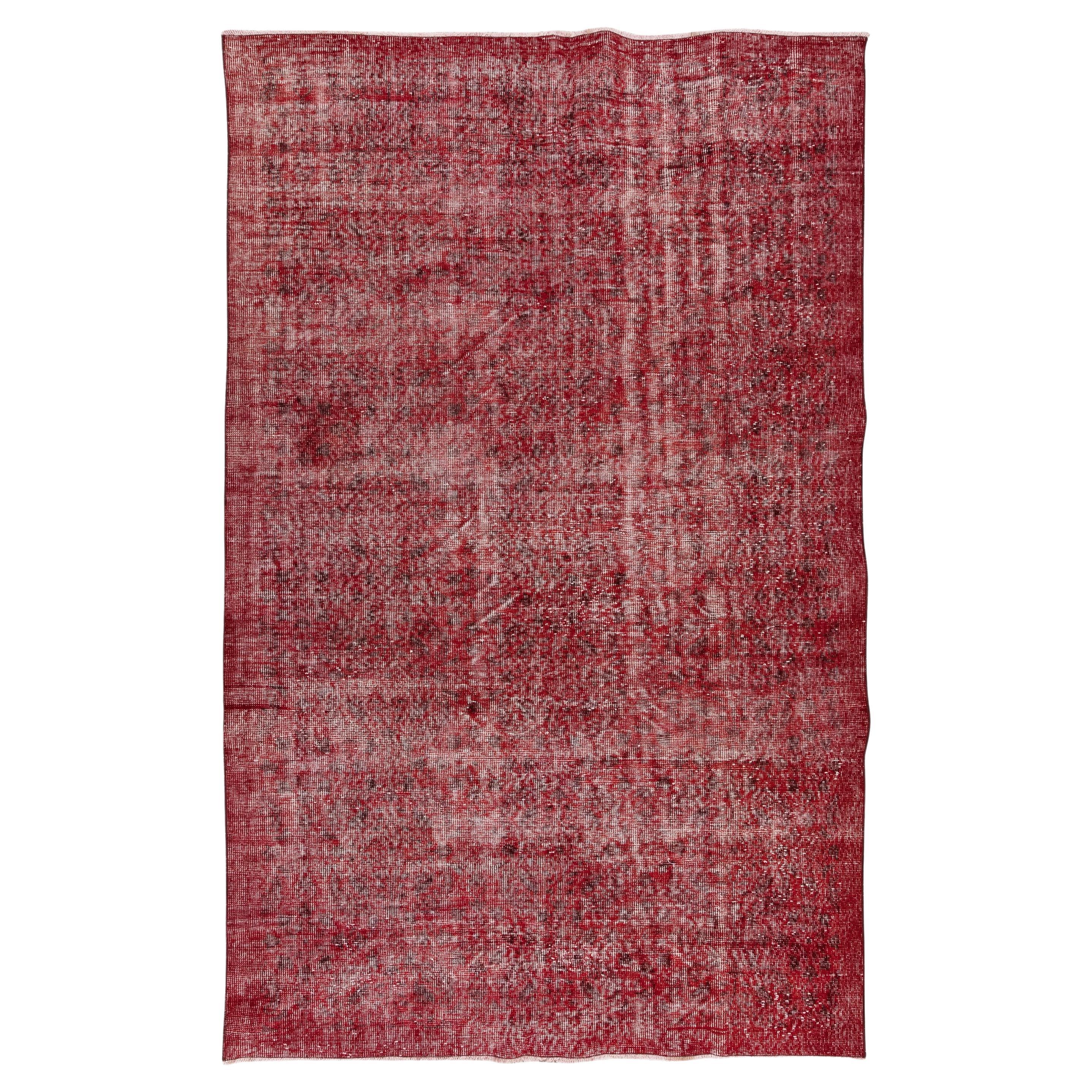 5.3x8.5 Ft Modern Handmade Turkish Rug in Red, Vintage Wool and Cotton Carpet