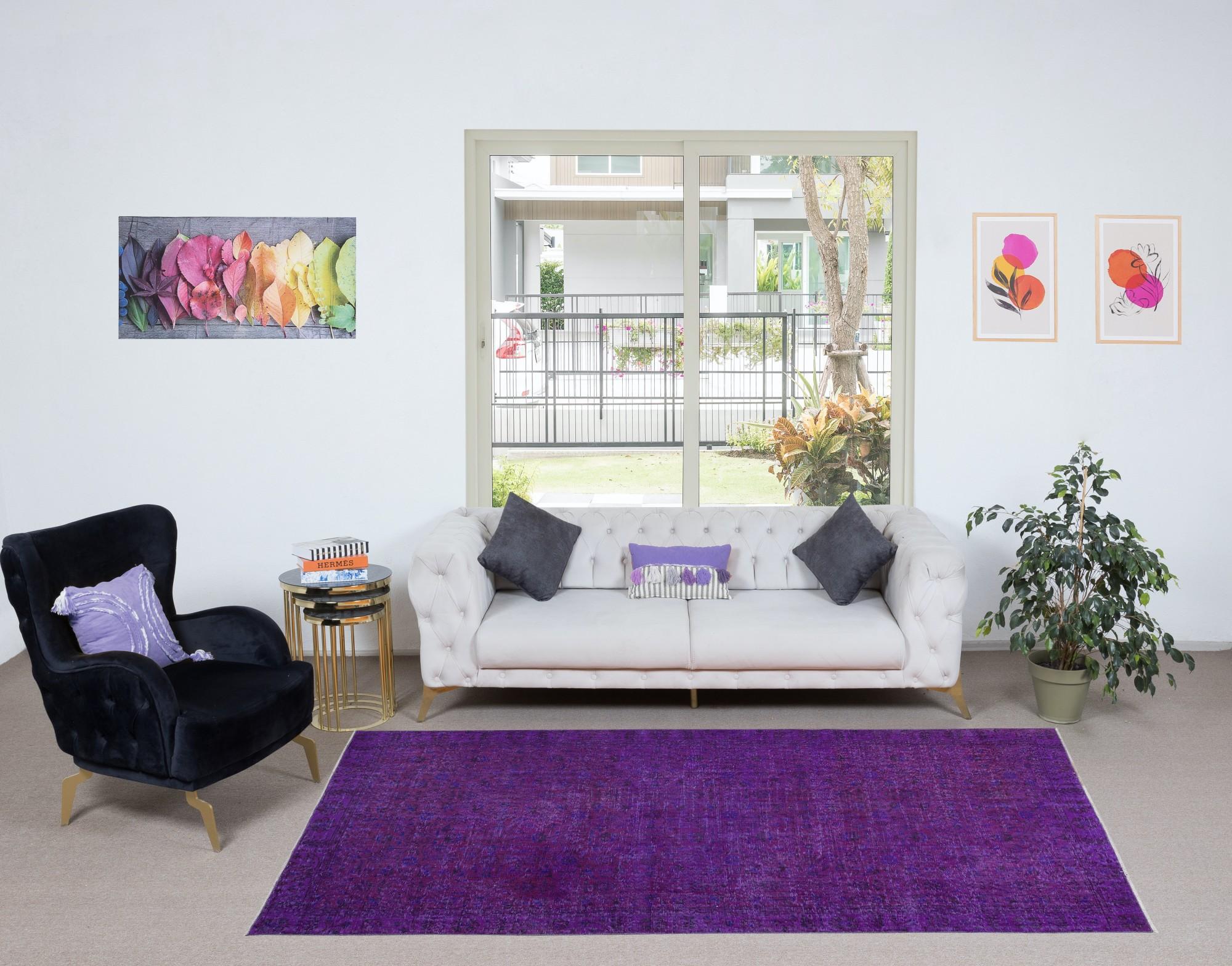 20th Century 5.3x8.6 Ft Dark Purple Handmade Room Size Area Rug. Modern Floral Turkish Carpet For Sale