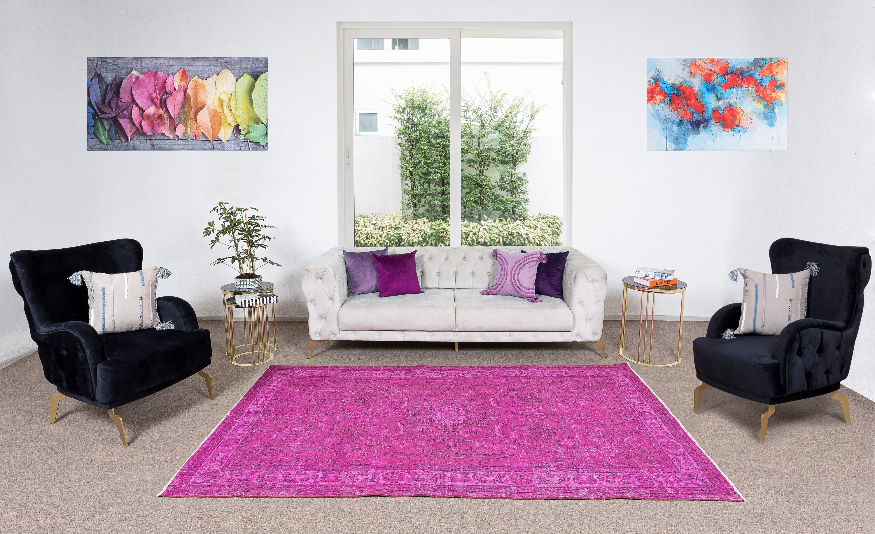 5.3x8.6 Ft Handmade Turkish Decorative Rug in Fuchsia Pink for Modern Interiors