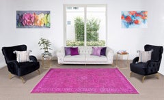 Alfombra decorativa turca de 5,3x8,6 pies hecha a mano en rosa fucsia para interiores modernos