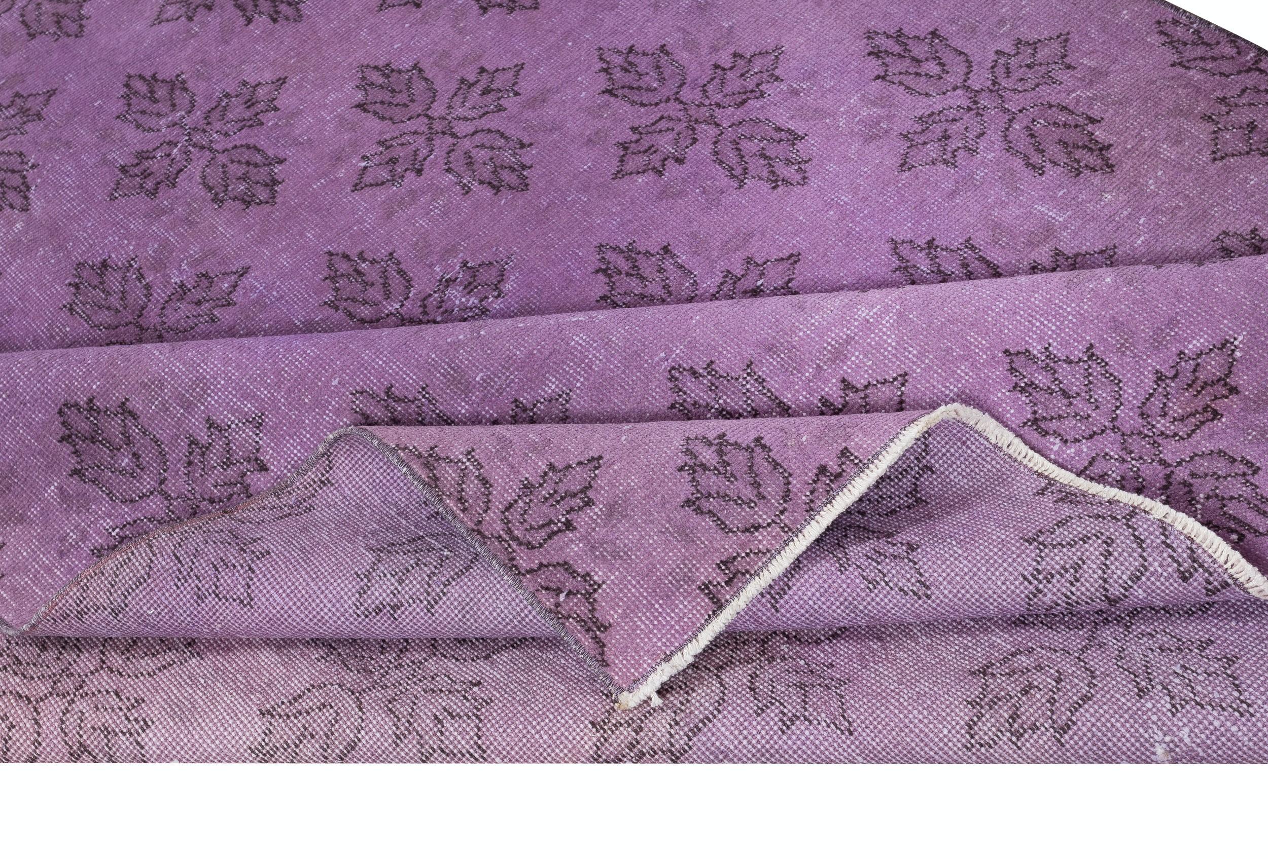 Hand-Knotted 5.3x8.6 Ft Purple Color Modern Handmade Turkish Wool Area Rug with Floral Design For Sale