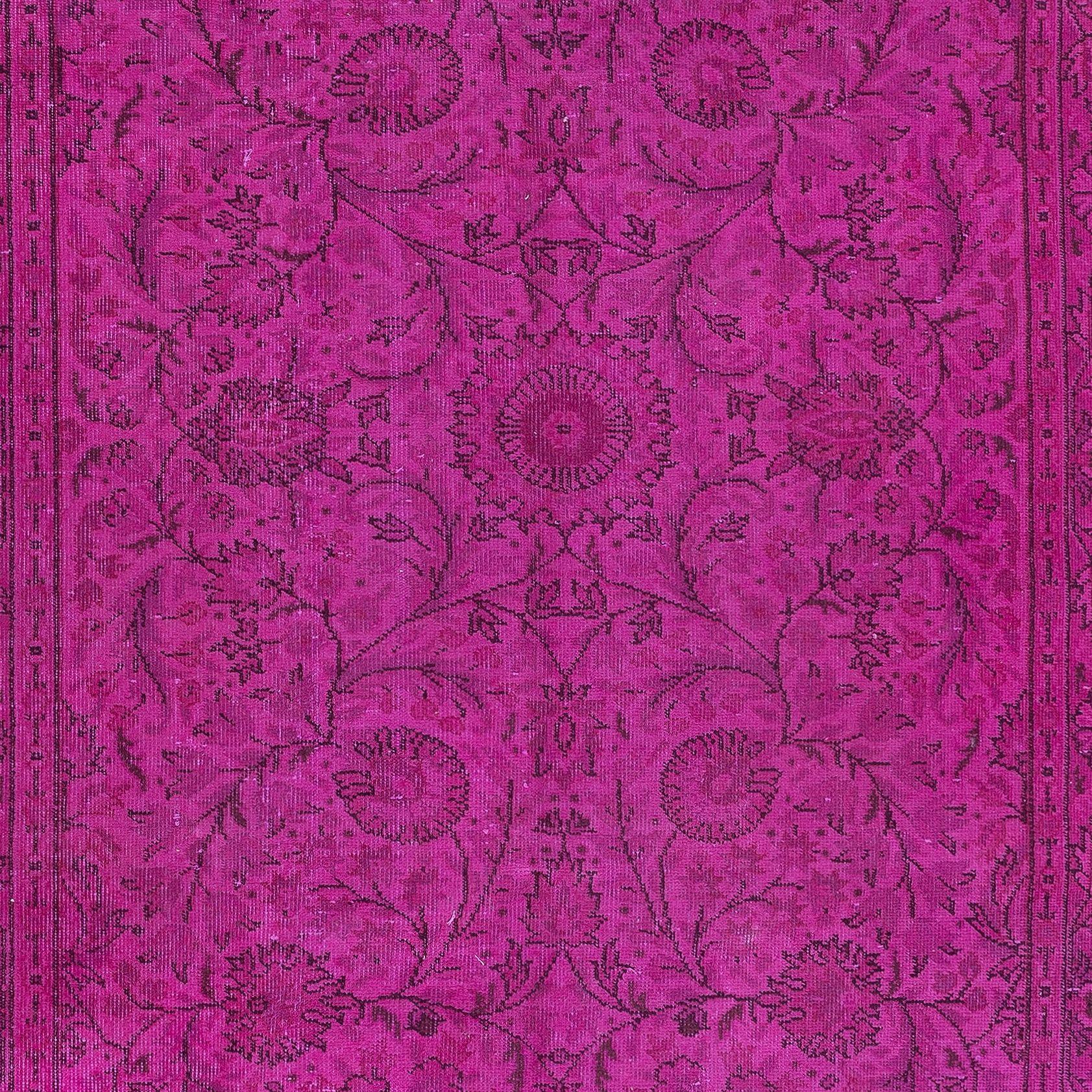 20th Century 5.3x8.7 Ft Modern Handmade Turkish Vivid Hot Pink Rug with Flower Design For Sale