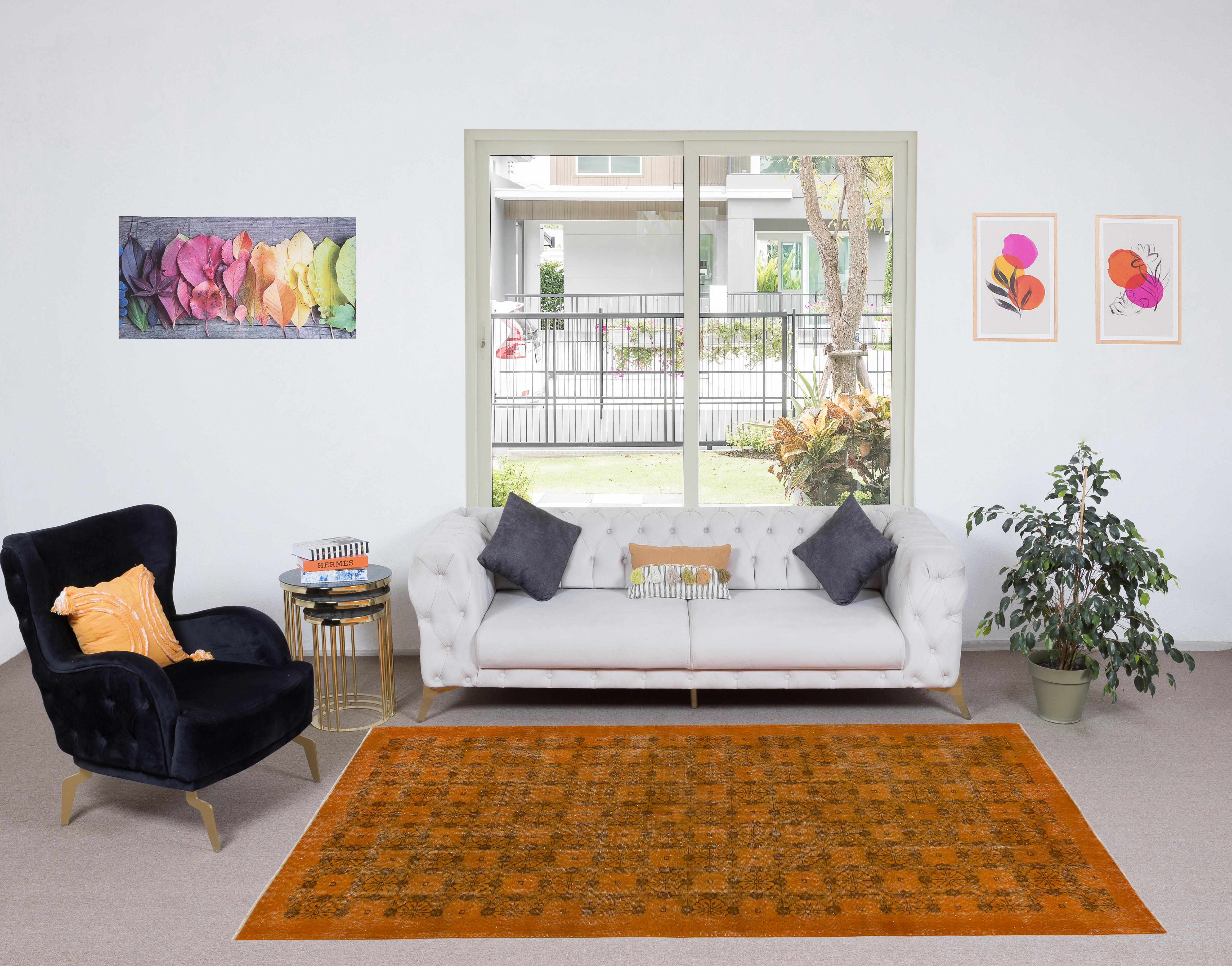 Alfombra de lana turca con diseño floral, hecha a mano, de color naranja, de 1,5 x 1,8 m Anudado a mano en venta