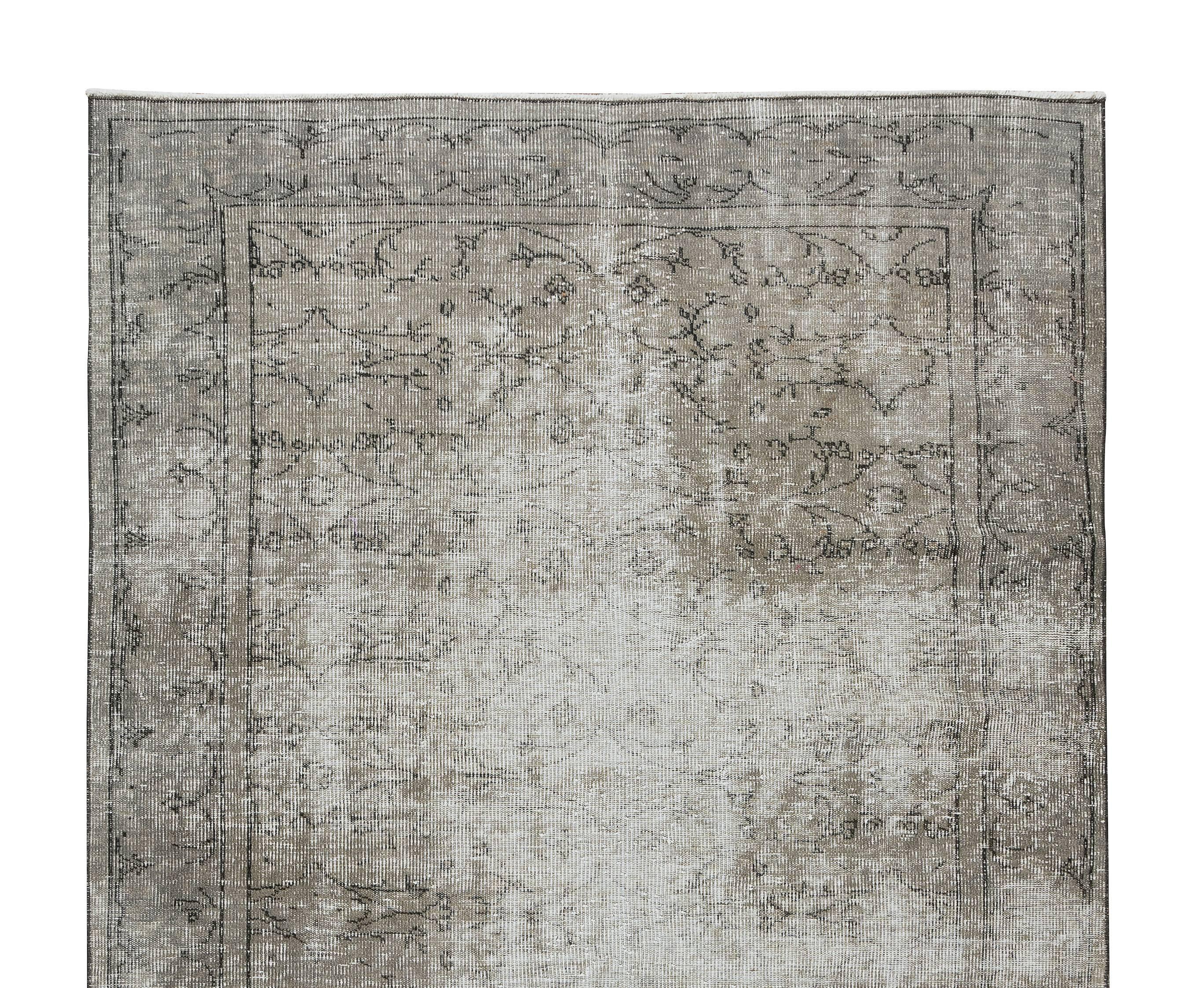 Turkish 5.3x8.9 Ft Distressed 1950s Handmade Anatolian Area Rug Over-Dyed in Gray Color For Sale