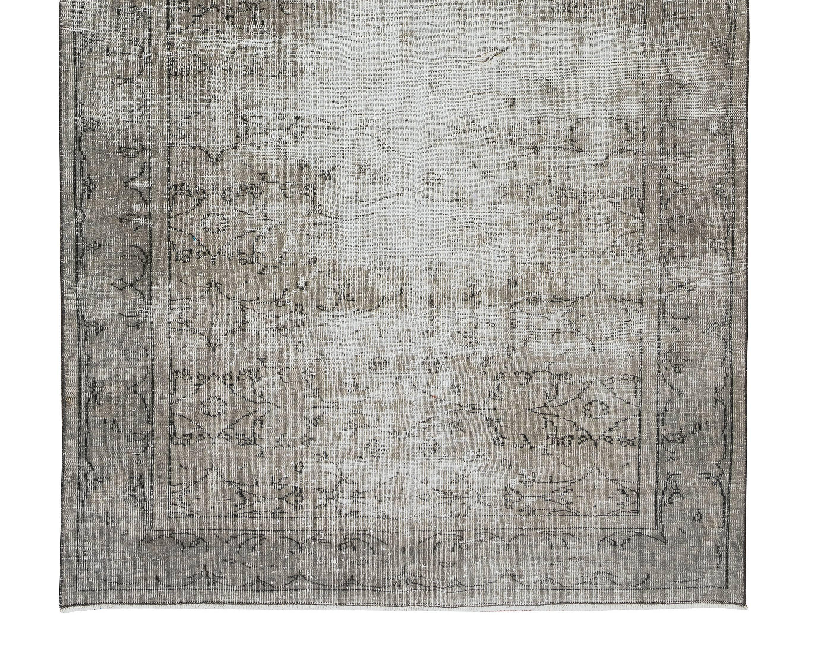 Hand-Woven 5.3x8.9 Ft Distressed 1950s Handmade Anatolian Area Rug Over-Dyed in Gray Color For Sale