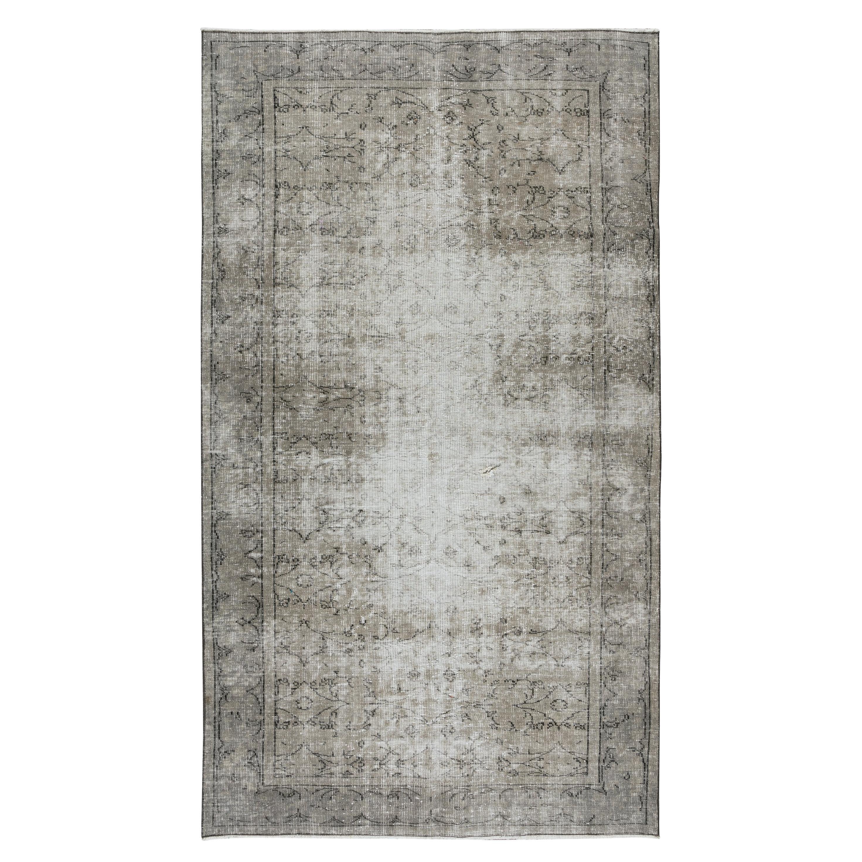 5.3x8.9 Ft Distressed 1950s Handmade Anatolian Area Rug Over-Dyed in Gray Color