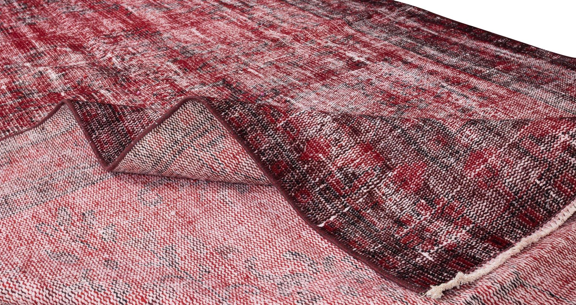Turkish 5.3x9 Ft Red Modern Carpet, Distressed Hand-Knotted Anatolian Mid-Century Rug For Sale
