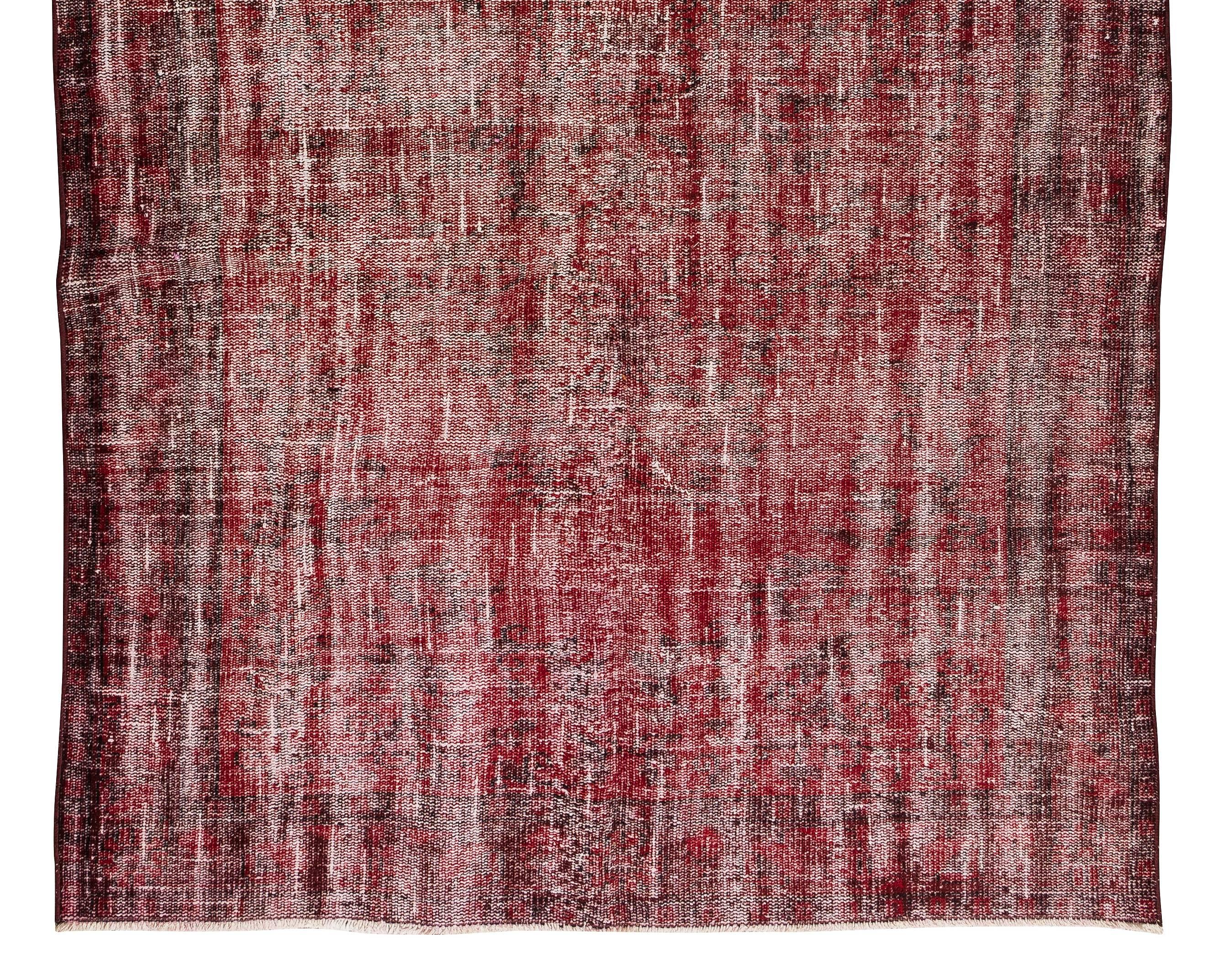 20th Century 5.3x9 Ft Red Modern Carpet, Distressed Hand-Knotted Anatolian Mid-Century Rug For Sale