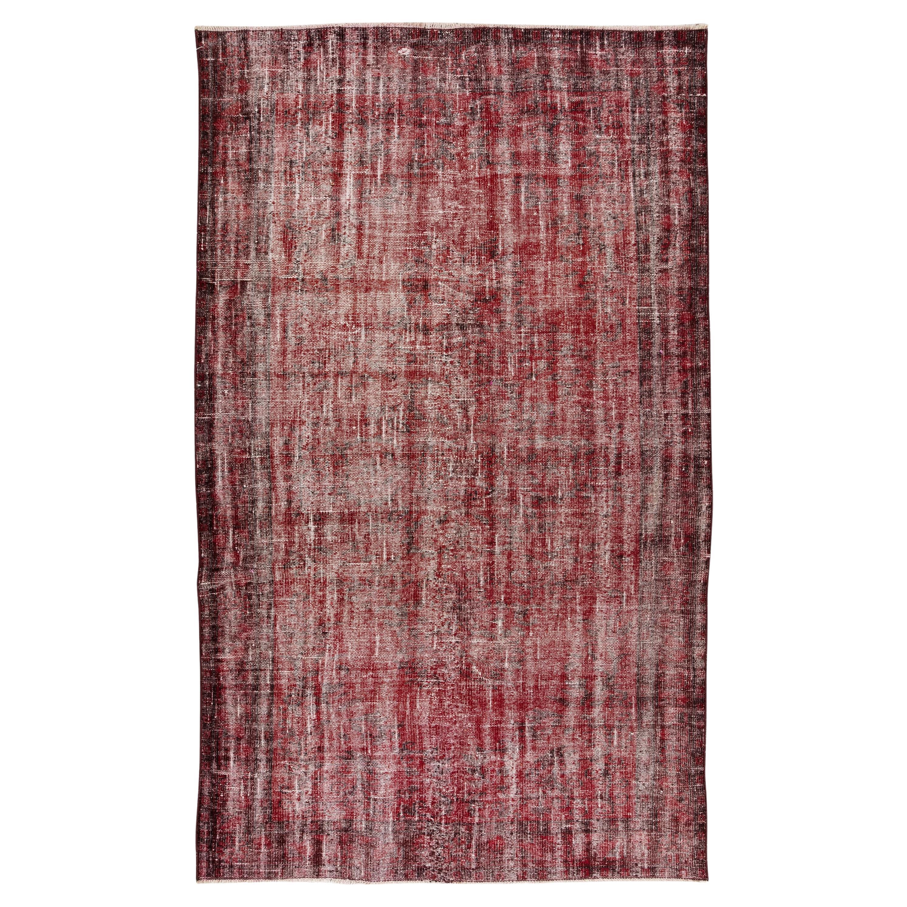 5.3x9 Ft Red Modern Carpet, Distressed Hand-Knotted Anatolian Mid-Century Rug For Sale