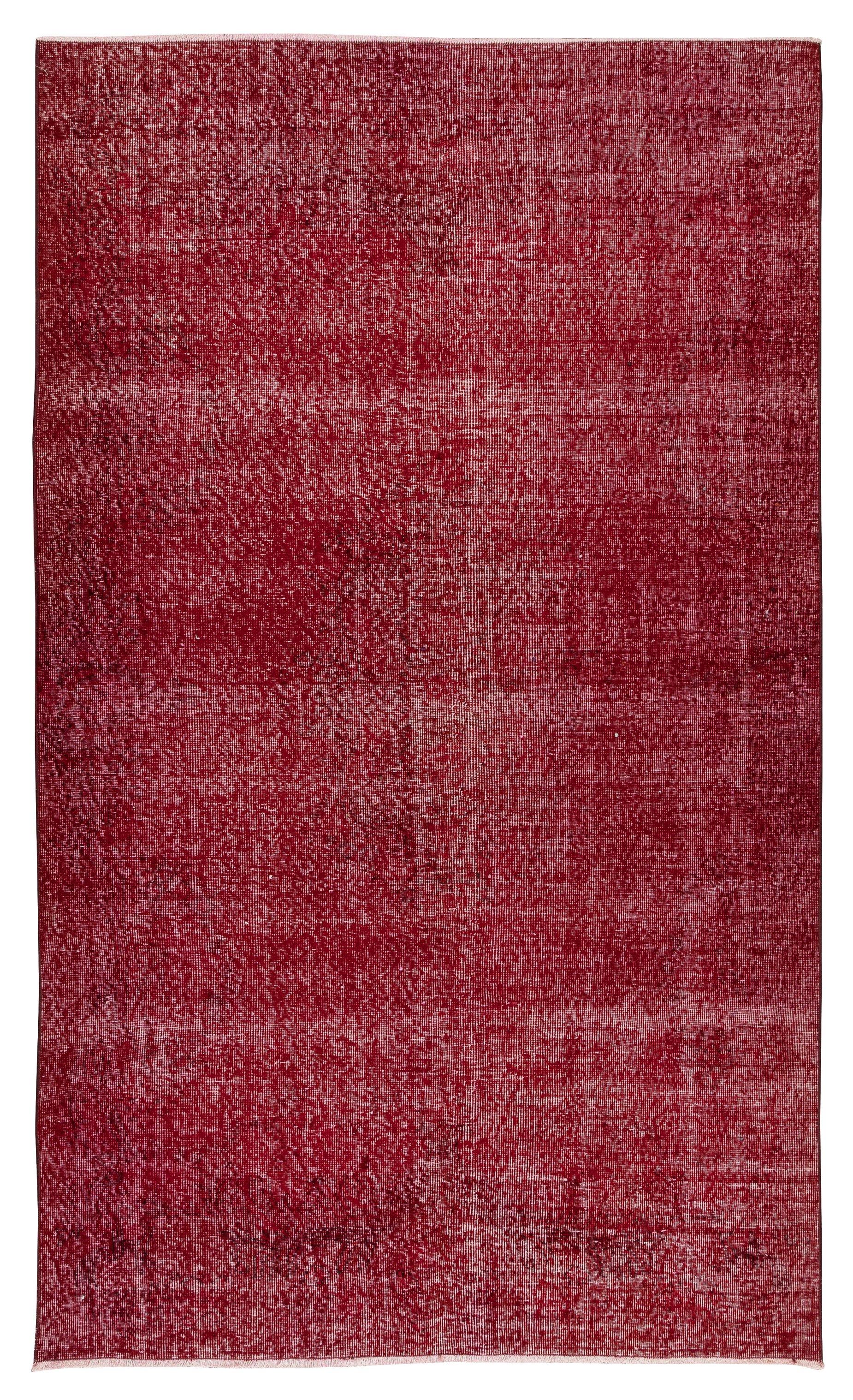 Handgefertigter türkischer Teppich 5.3x9 Ft, moderner, schlichter Teppich aus massivem roter Wolle