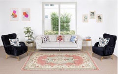 5.3x8.9 Ft Vintage Turkish Rug in Red. Handmade Medallion Design Wool Carpet