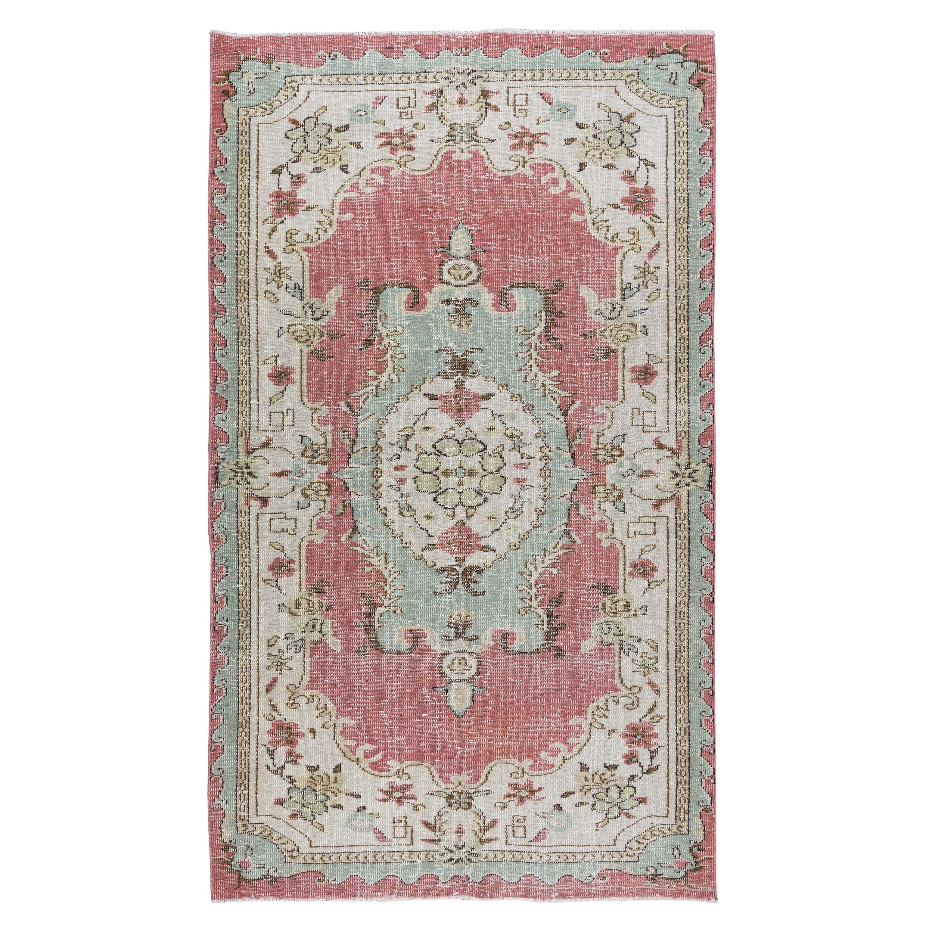 Türkischer Teppich im Vintage-Stil in Rot, 5.3x8.9 Ft. Handgefertigter Wollteppich im Medaillon-Design