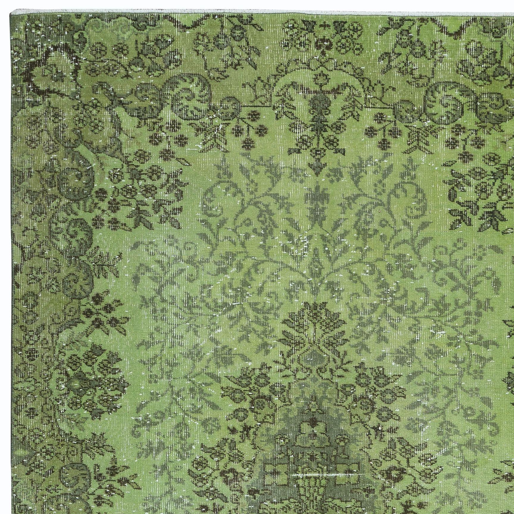 Hand-Knotted 5.3x9 Ft Hand-Made Turkish Area Rug in Light Green, Contemporary Upcycled Carpet For Sale