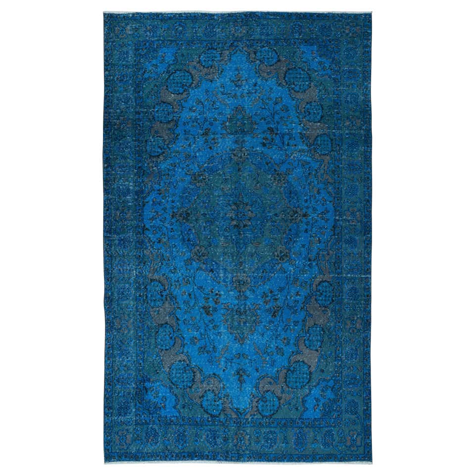 Contemporary Overdyed Hand Knotted Wool Blue Area Rug For Sale at 1stDibs