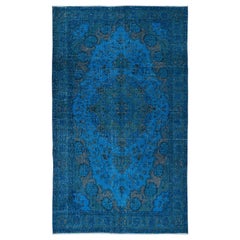 Tappeto blu moderno 5.3x9 Ft in lana e cotone, annodato a mano in Turchia