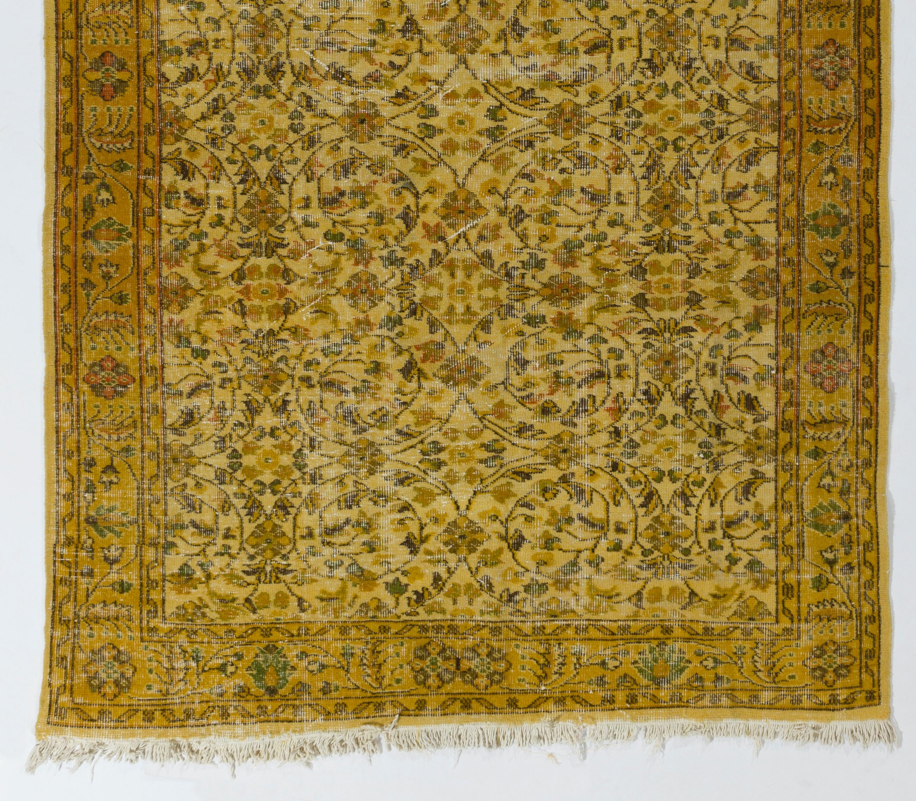 Hand-Knotted 5.3x9 Ft Vintage Floral Handmade Turkish Rug in Yellow, Room Size Modern Carpet For Sale