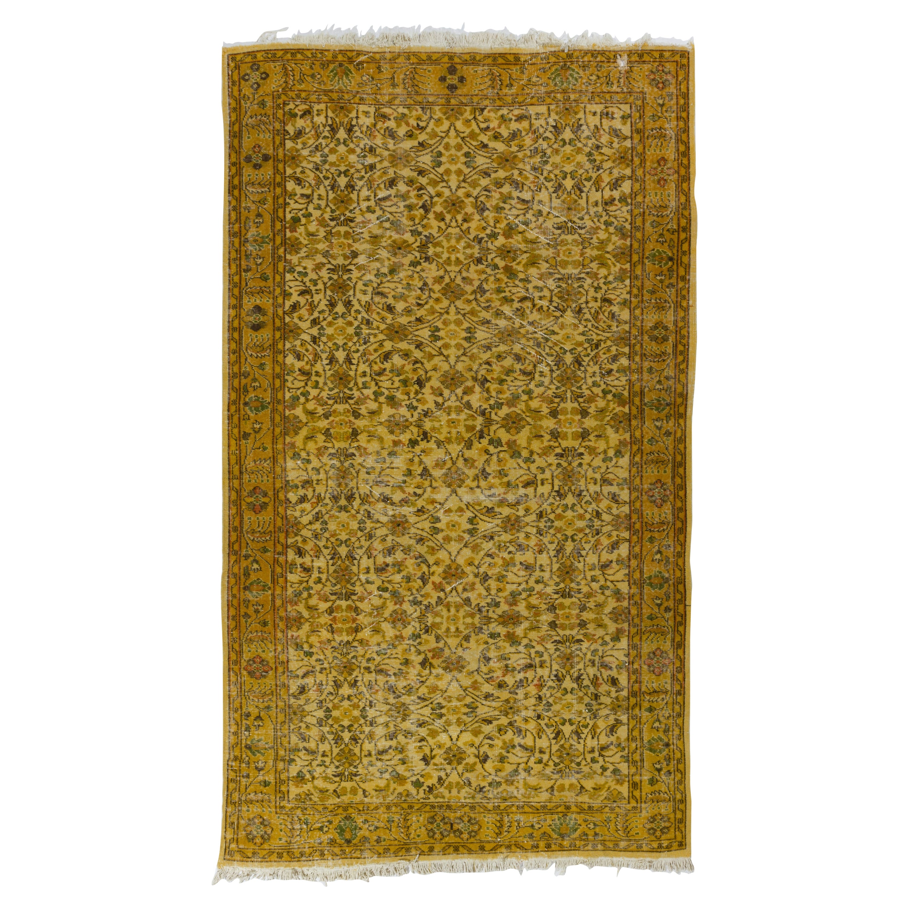 5.3x9 Ft Vintage Floral Handgefertigter türkischer Teppich in Gelb, Zimmergröße Modern