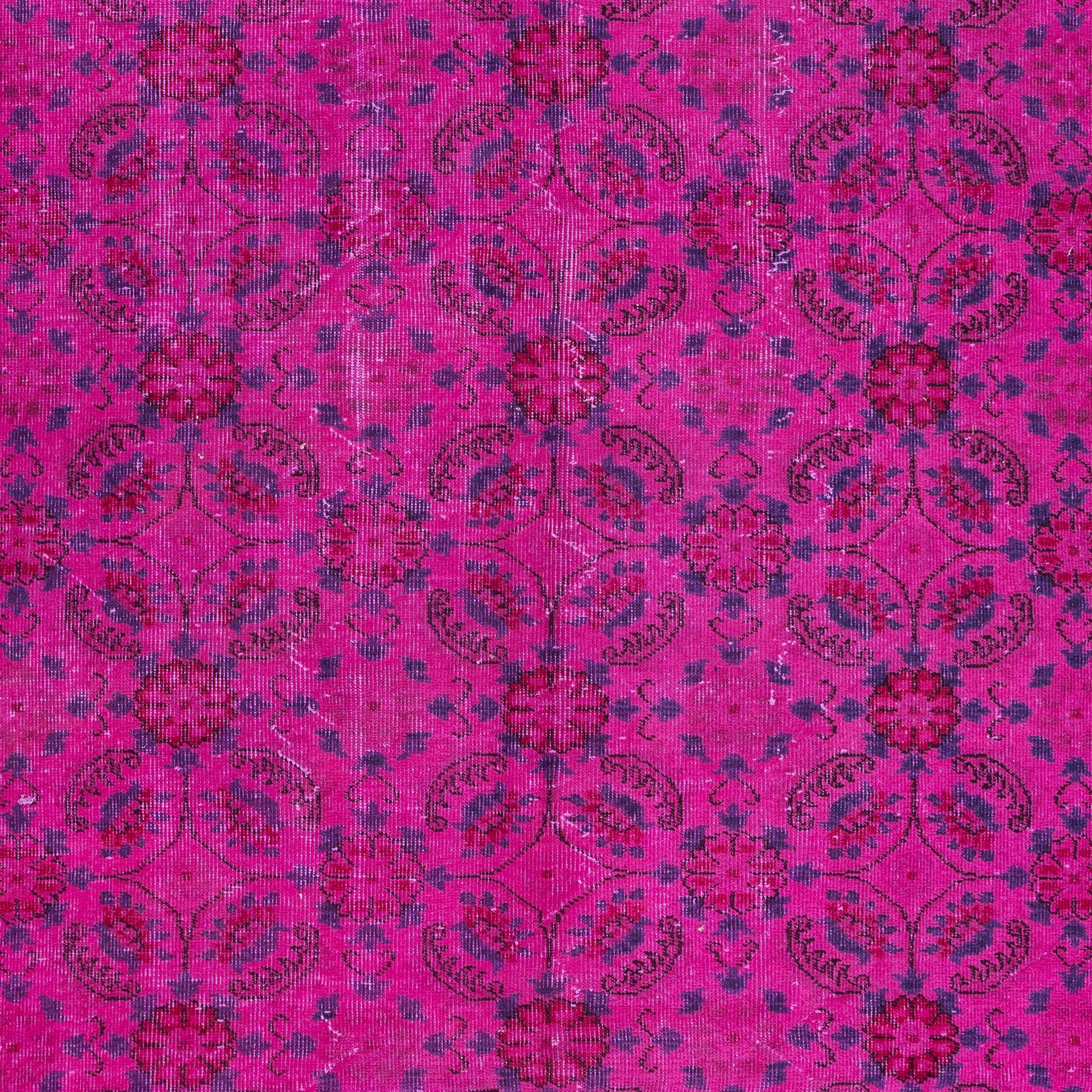 Modern 5.3x9 Ft Vivid Pink Handmade Turkish Rug with Floral Design & Solid Border For Sale