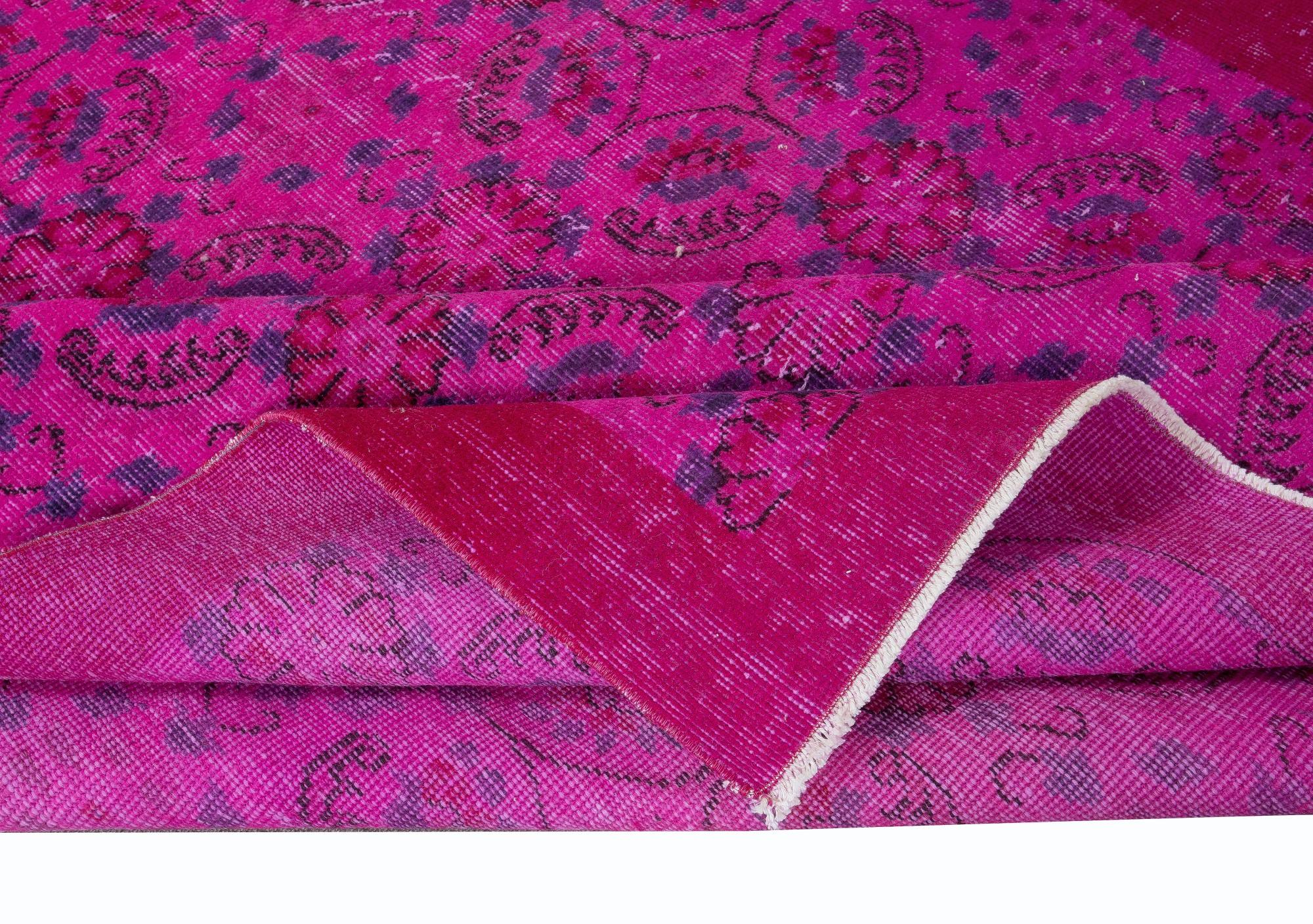 Hand-Woven 5.3x9 Ft Vivid Pink Handmade Turkish Rug with Floral Design & Solid Border For Sale