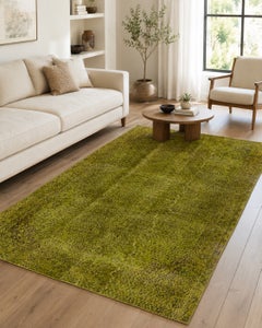 5.3x9.2 Ft Handmade Turkish 1960s Rug in Light Green, Modern Olive Green Carpet