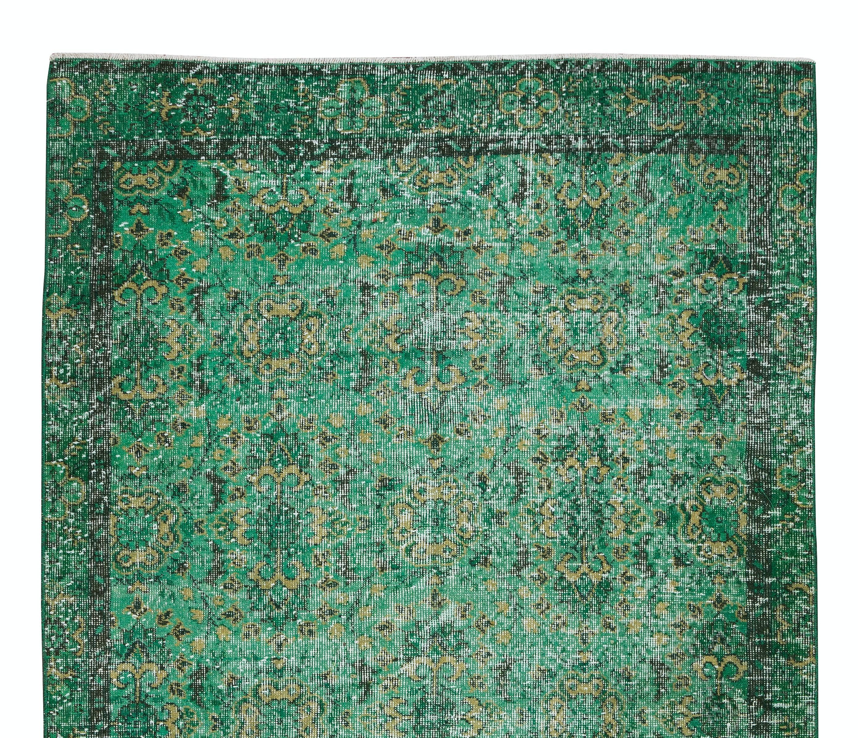 5.3x9.4 Ft Vintage Handmade Turkish Rug Over-Dyed in Green for Modern Interiors In Good Condition For Sale In Philadelphia, PA