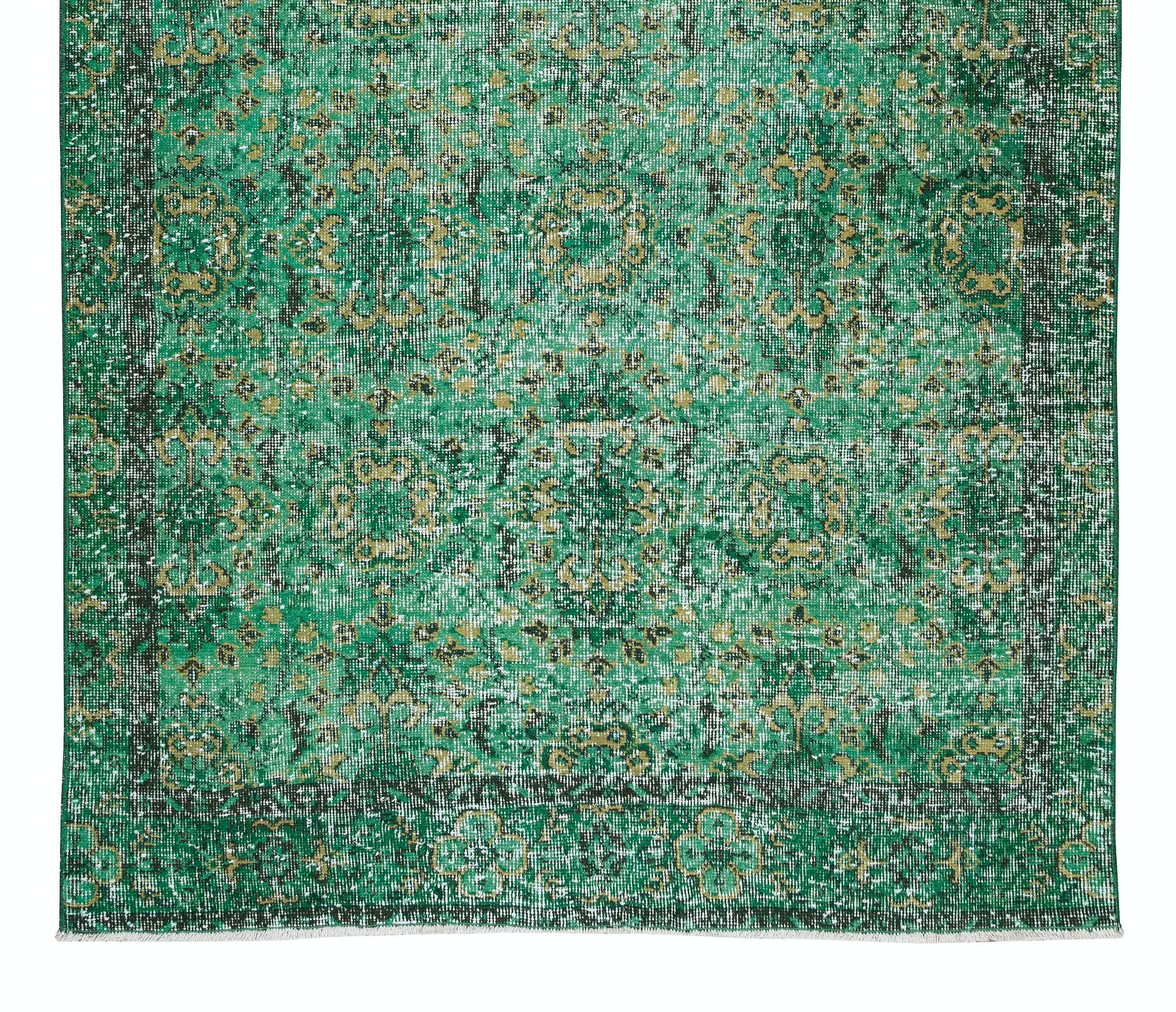 20th Century 5.3x9.4 Ft Vintage Handmade Turkish Rug Over-Dyed in Green for Modern Interiors For Sale