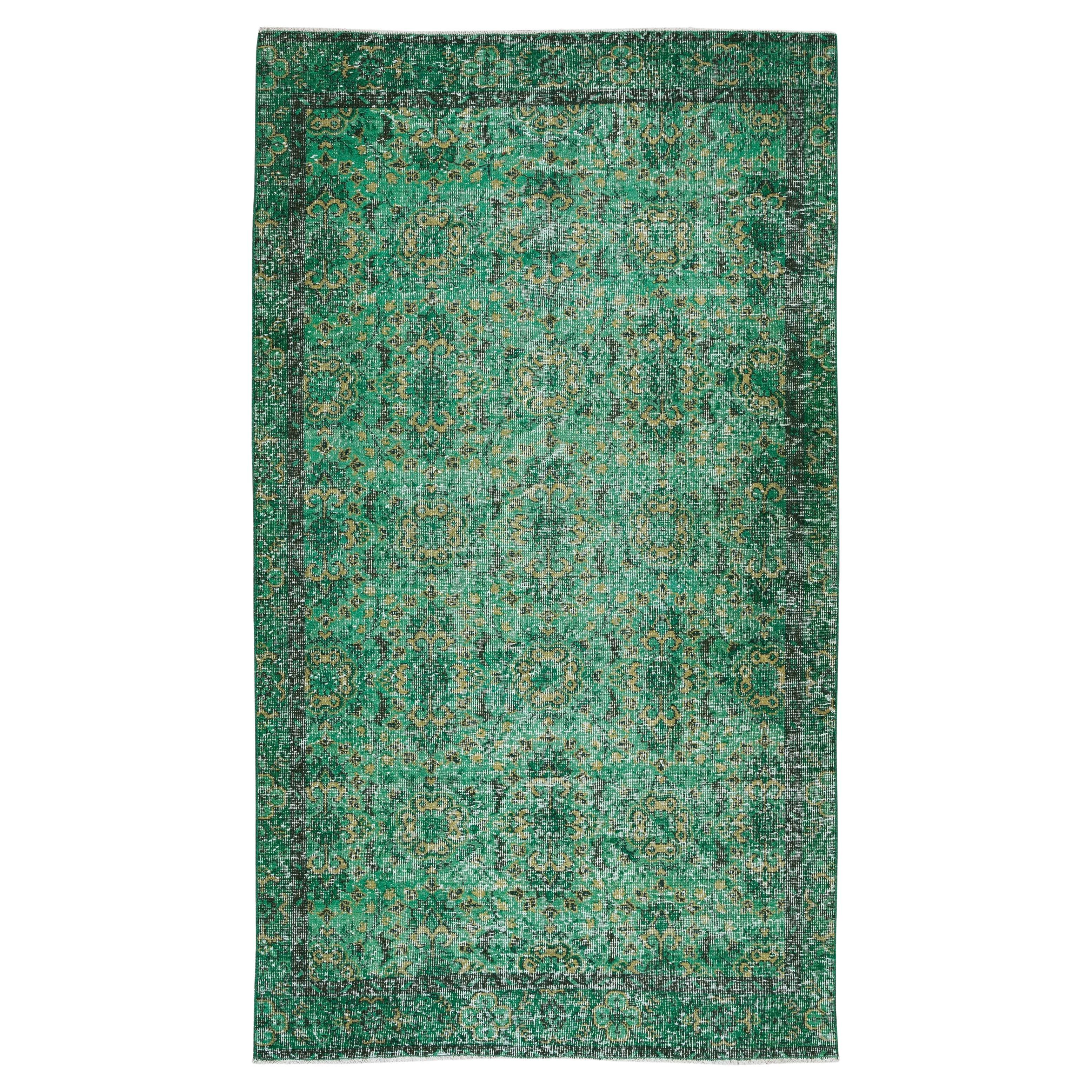 5.3x9.4 Ft Vintage Handmade Turkish Rug Over-Dyed in Green for Modern Interiors
