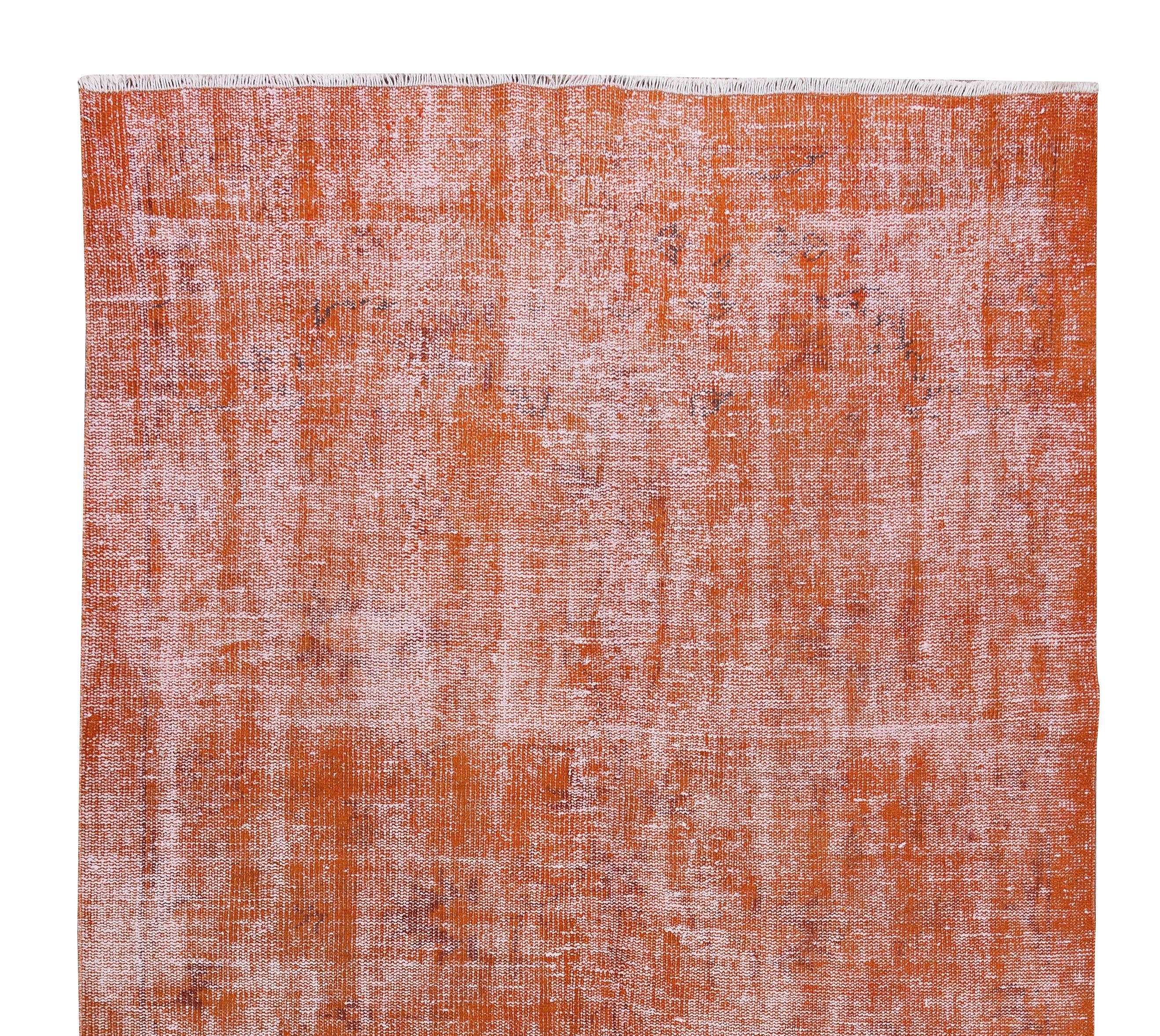 Hand-Knotted 5.3x9.6 Ft Hand Knotted Turkish Area Rug, Distressed Vintage Orange Carpet For Sale