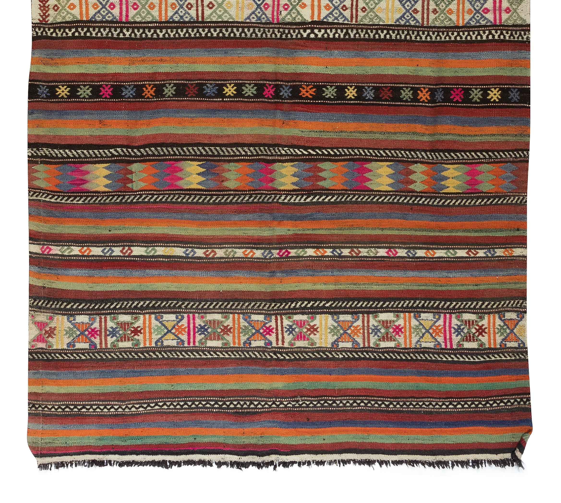 20th Century 5.3x9.6 Ft Colorful Kilim Made of Hand-Spun Wool, Hand-Woven Turkish Striped Rug For Sale