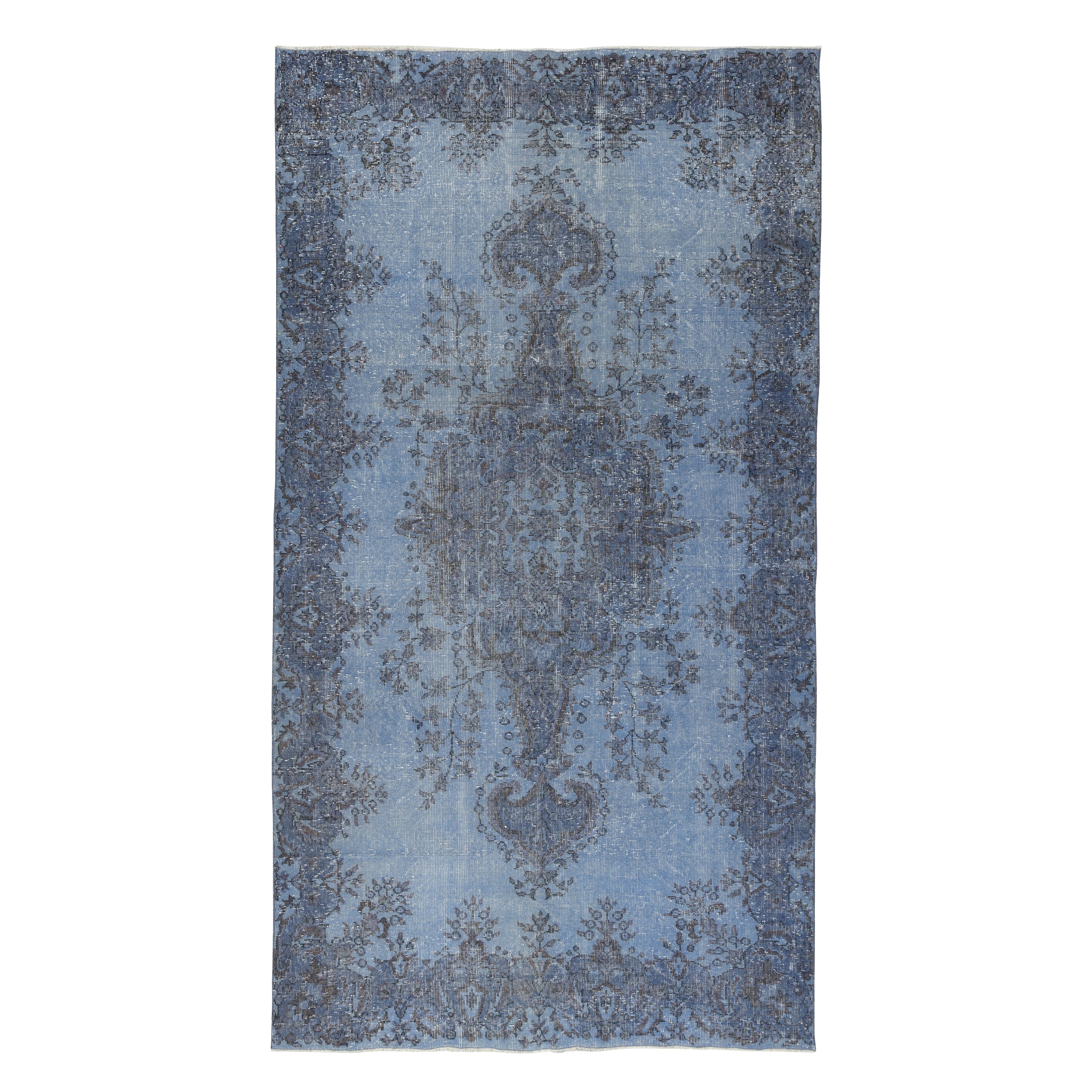 5.3x9.8 Ft Blue Overdyed Vintage Türkischer Vorleger. Handgeknüpfter Wollteppich