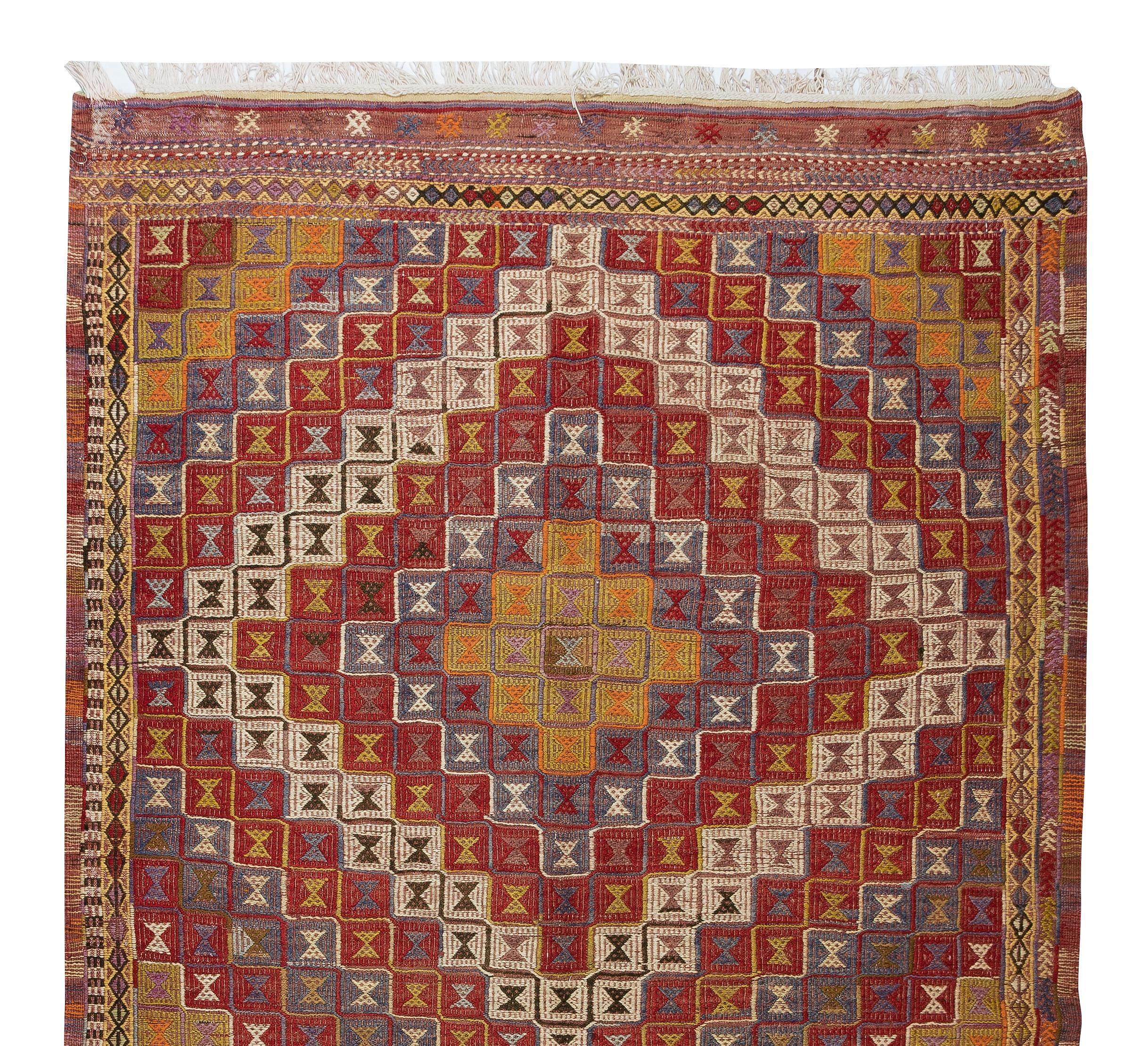 Tissé à la main Tapis Jijim Kilim coloré unique en son genre en laine turque vintage faite à la main 5.3x9,8 Ft en vente