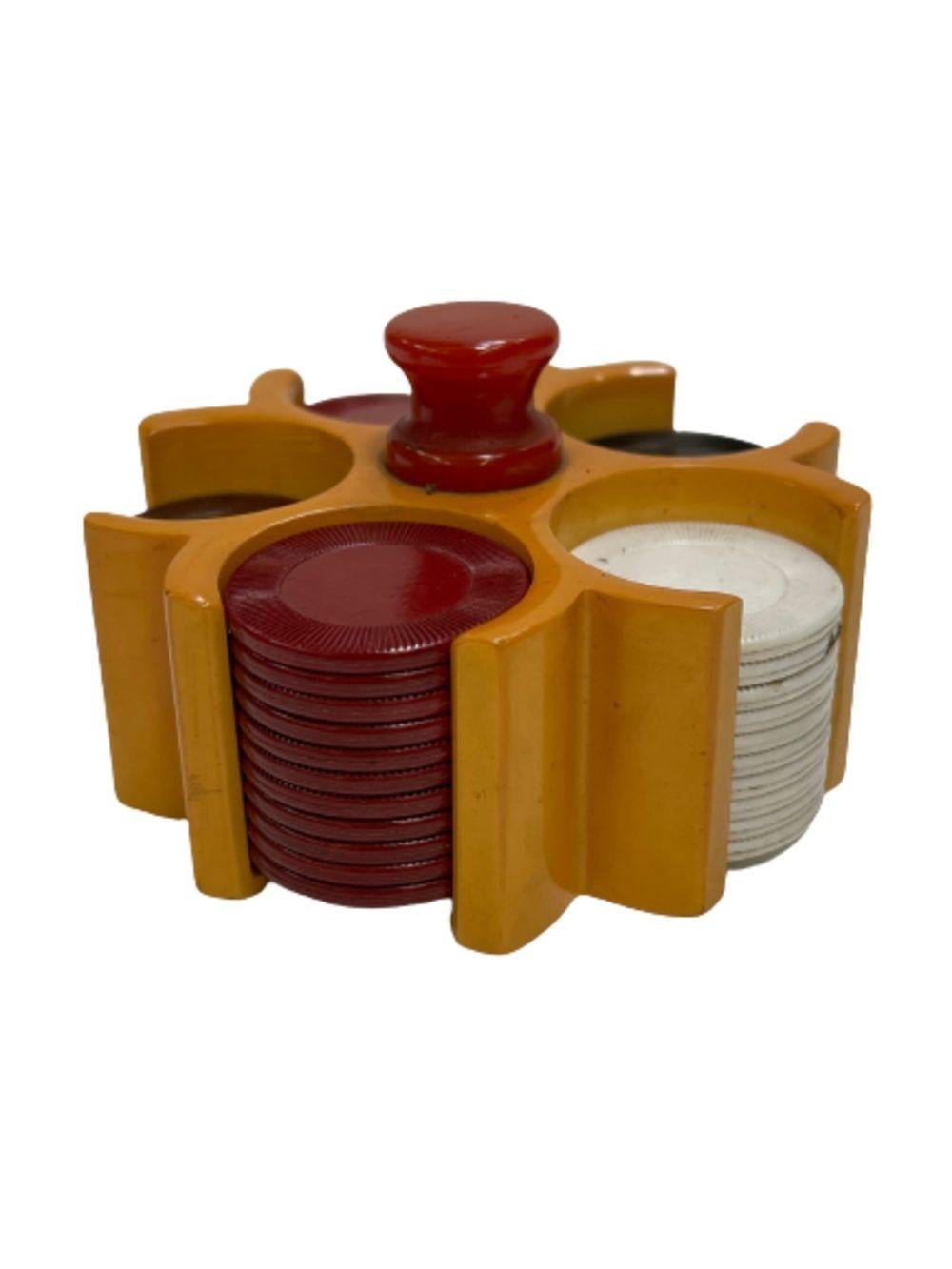Original 1930s set of 54 Bakelite Poker Chips featuring red, brown, black, and white with matching Butterscotch caddy holder and striker table top lighter. The set is all original is matching with an unused striker tip.
Overall this set is in very