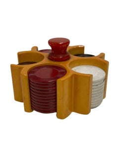 54 Bakelite Poker Chips w/ Butterscotch Caddy & Striker Lighter