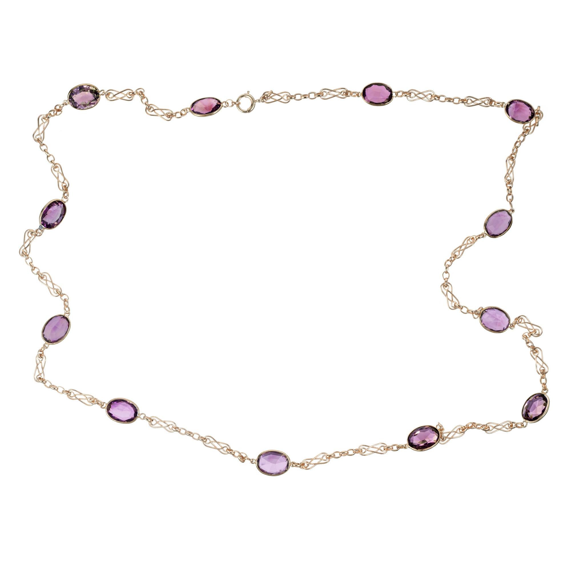 Oval Cut 54 Carat Bezel Set Amethyst Gold Swirl Link Chain Necklace For Sale