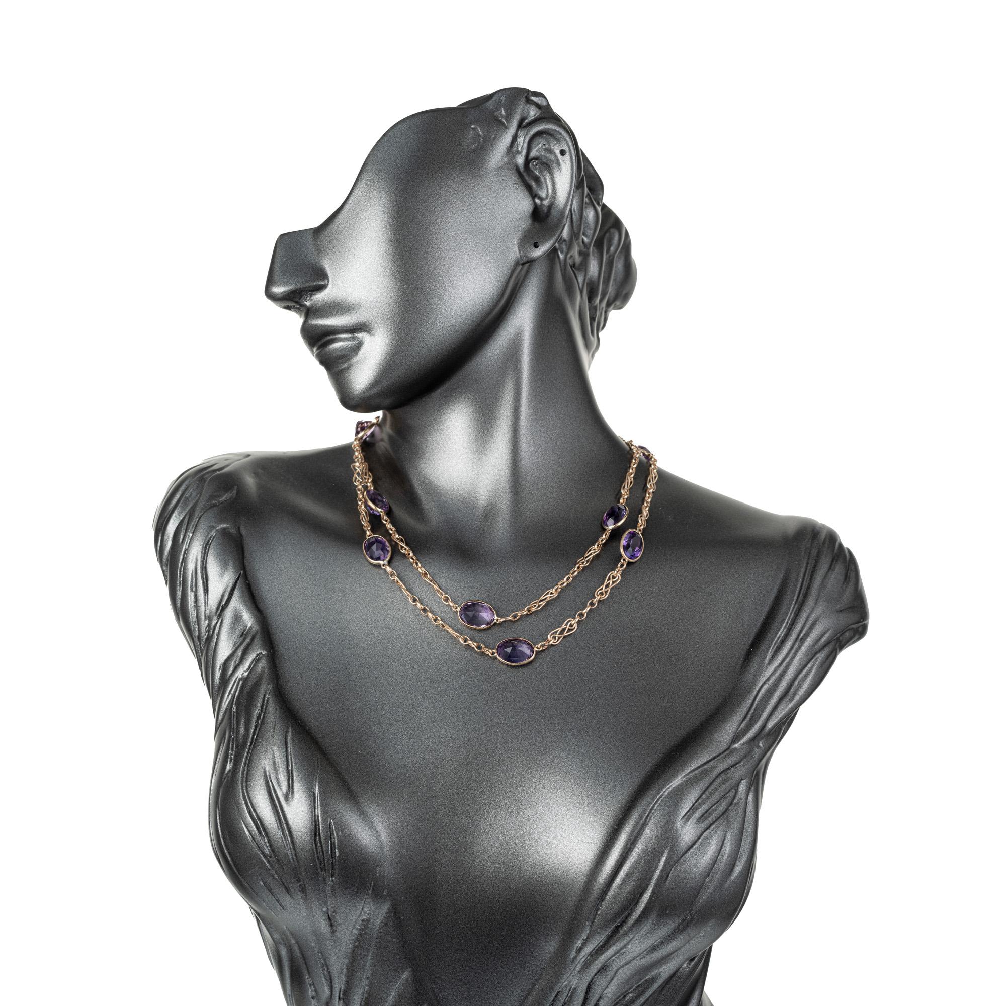 54 Carat Bezel Set Amethyst Gold Swirl Link Chain Necklace In Good Condition For Sale In Stamford, CT