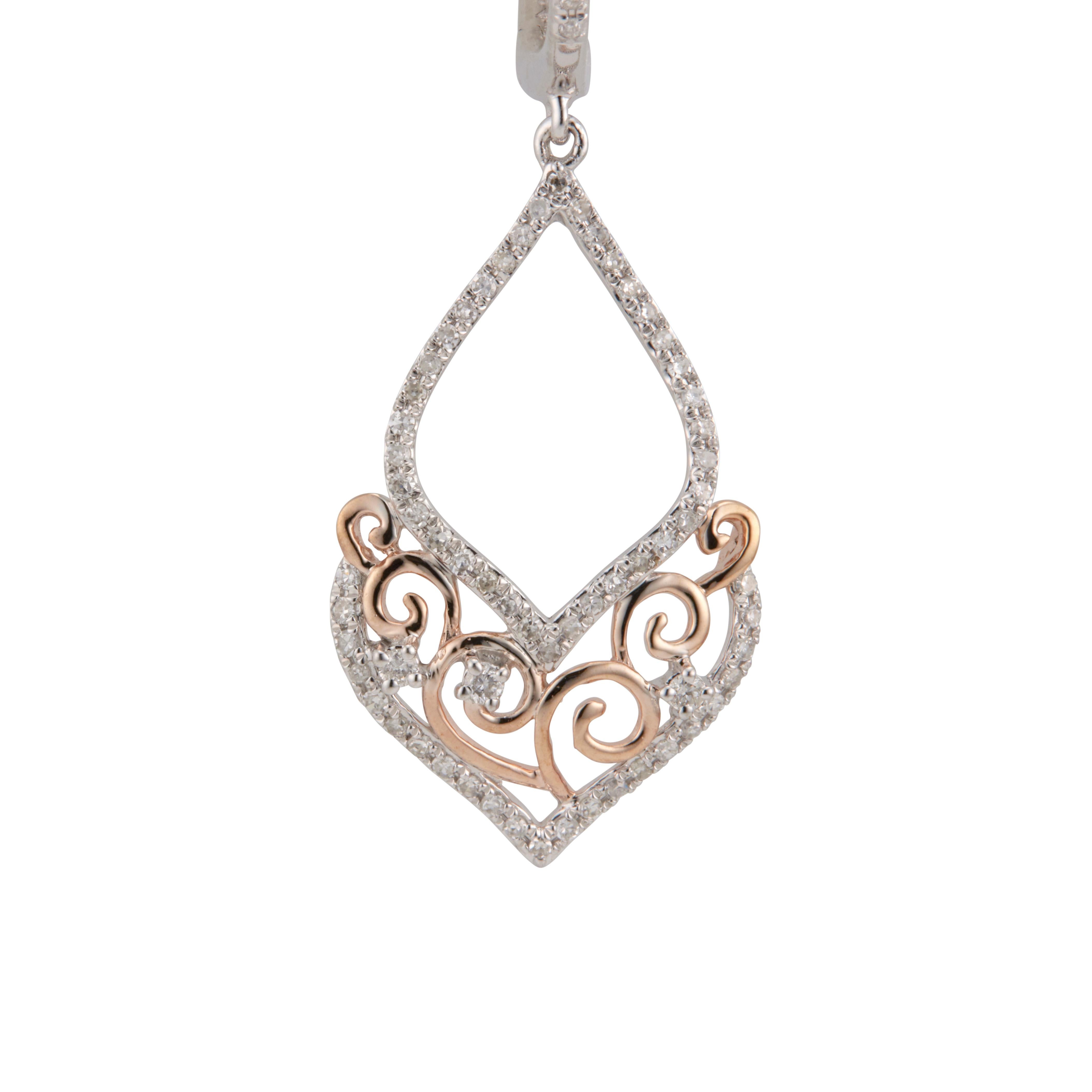 Round Cut .54 Carat Diamond White Rose Gold Dangle Earrings For Sale