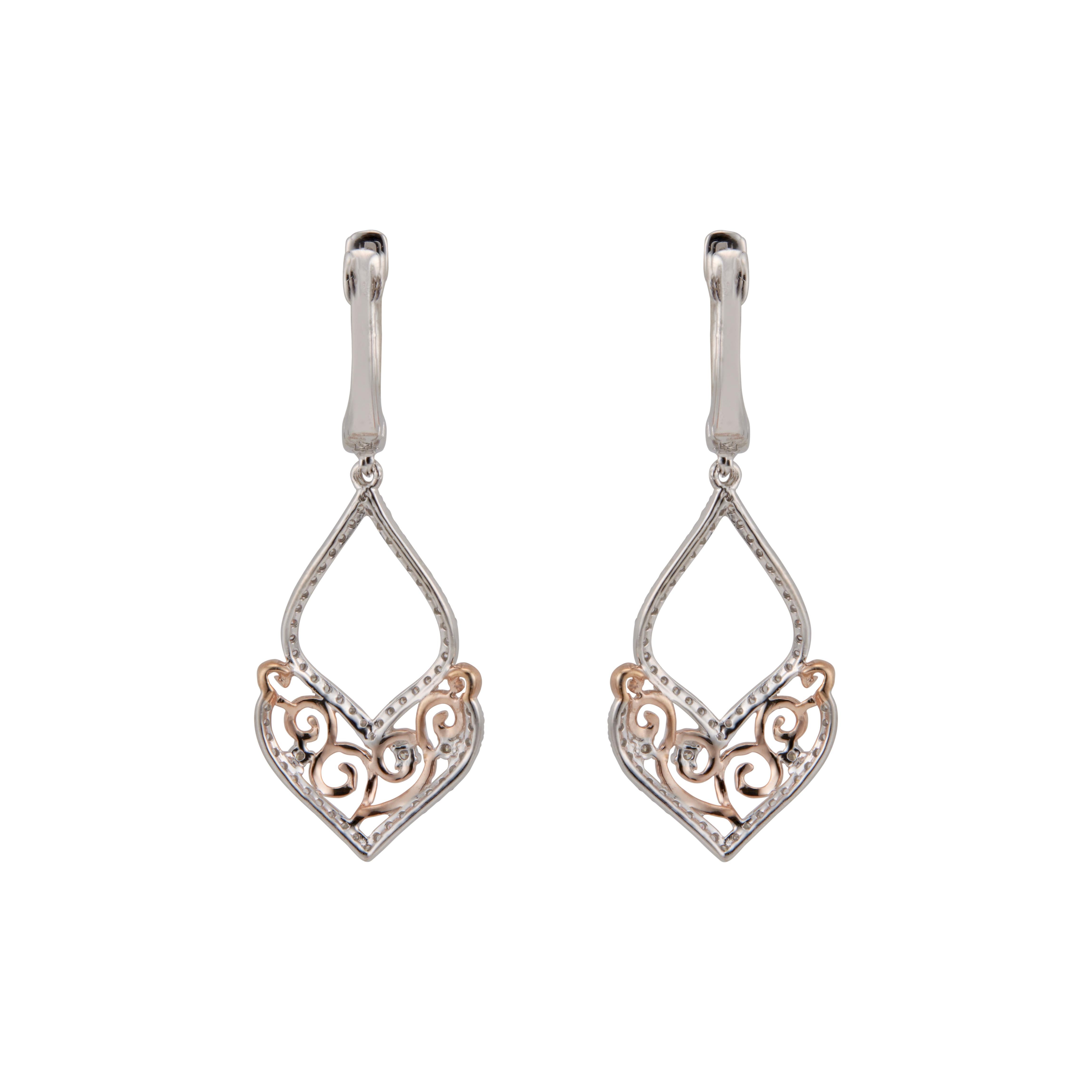 Women's .54 Carat Diamond White Rose Gold Dangle Earrings For Sale