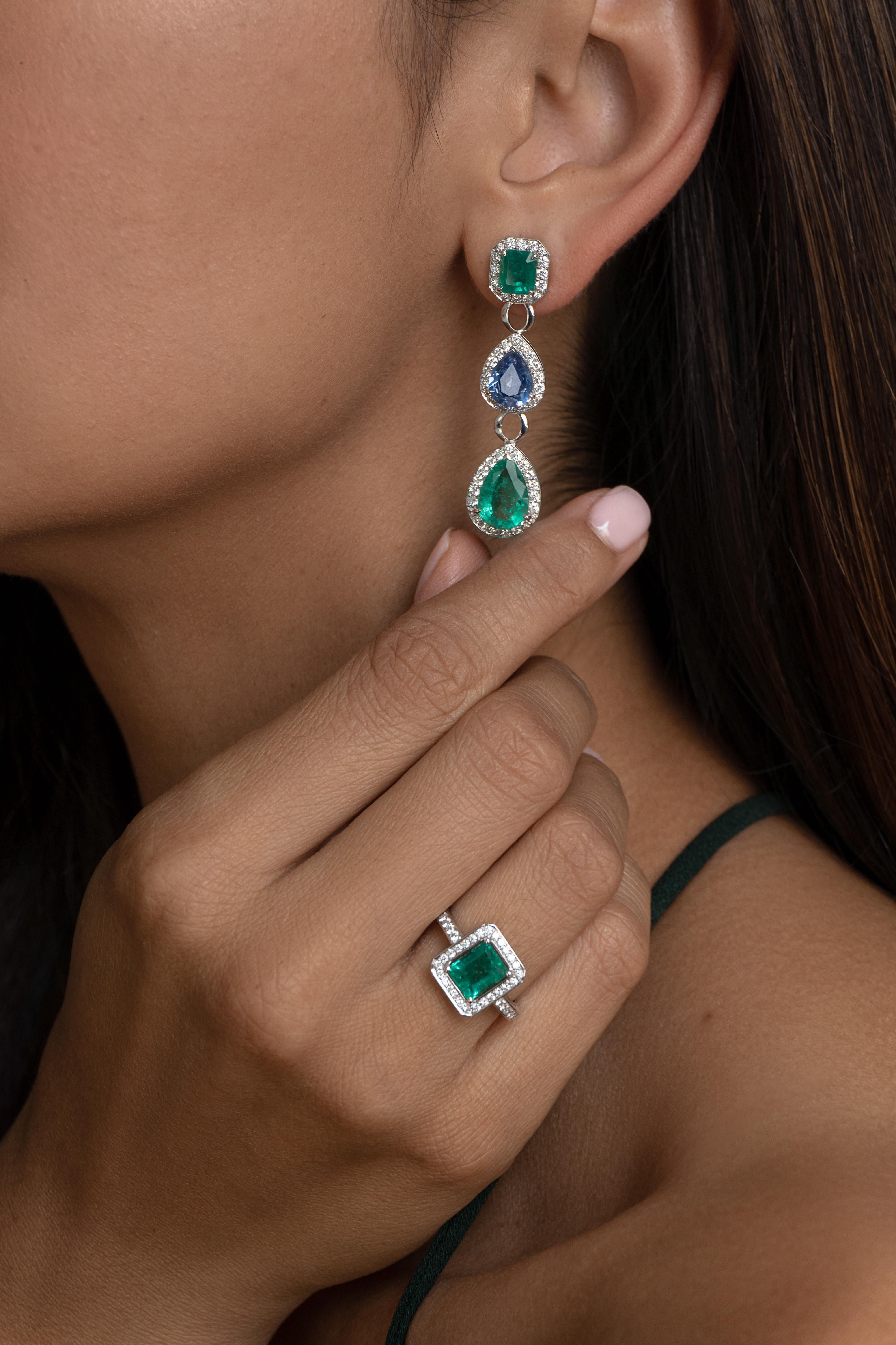 Emerald Cut 5.4 Carat Emerald and 3.93 Carat Blue Sapphire Diamond Earrings in 18 White Gold