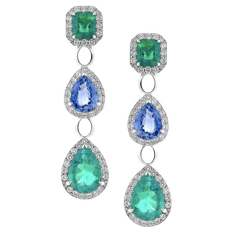  5.4 Carat Emerald and 3.93 Carat Blue Sapphire Diamond Earrings in 18K Gold 