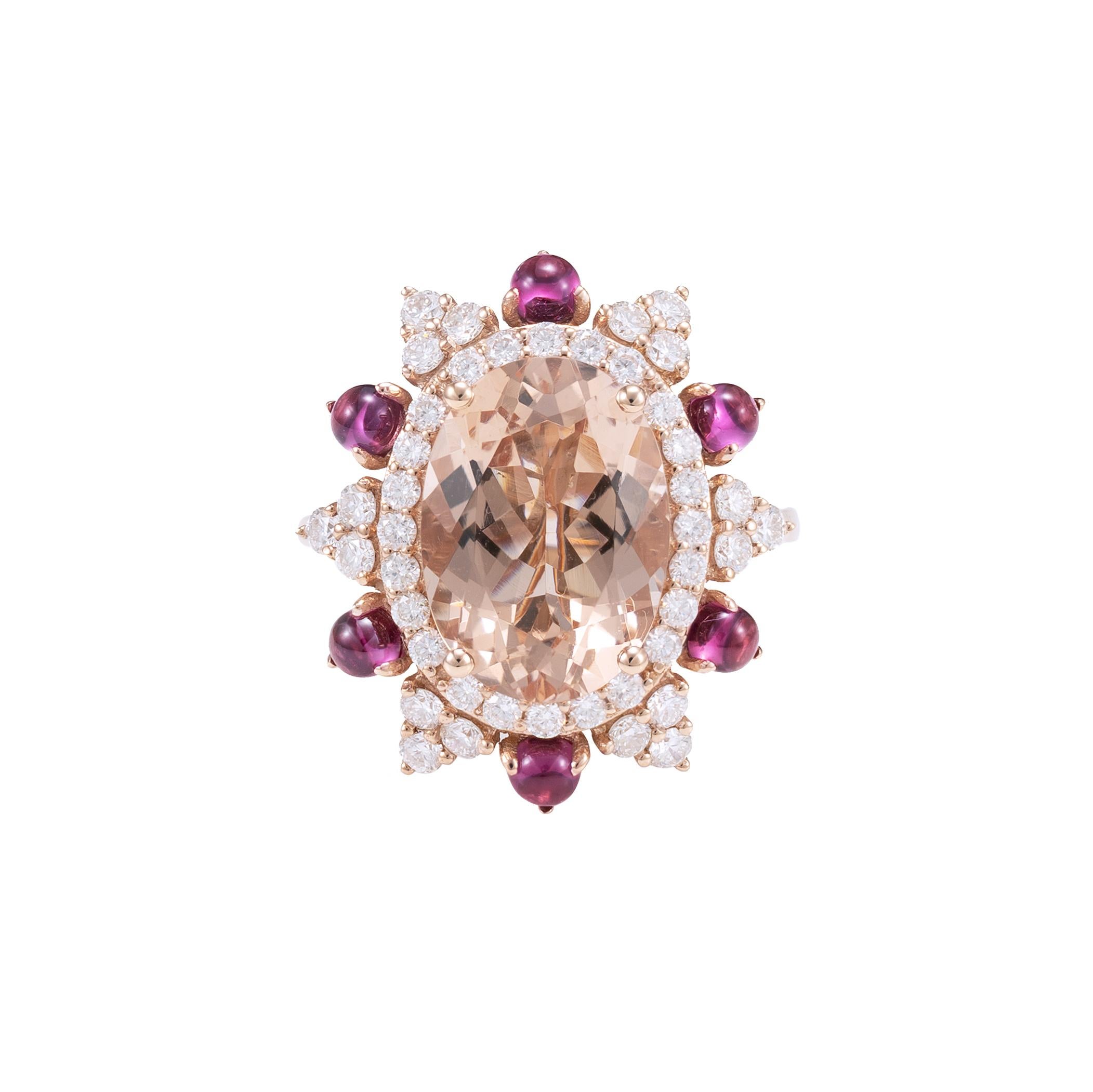 Women's 5.4 Carat Morganite, Rhodolite and Diamond Ring in 18 Karat Rose Gold For Sale