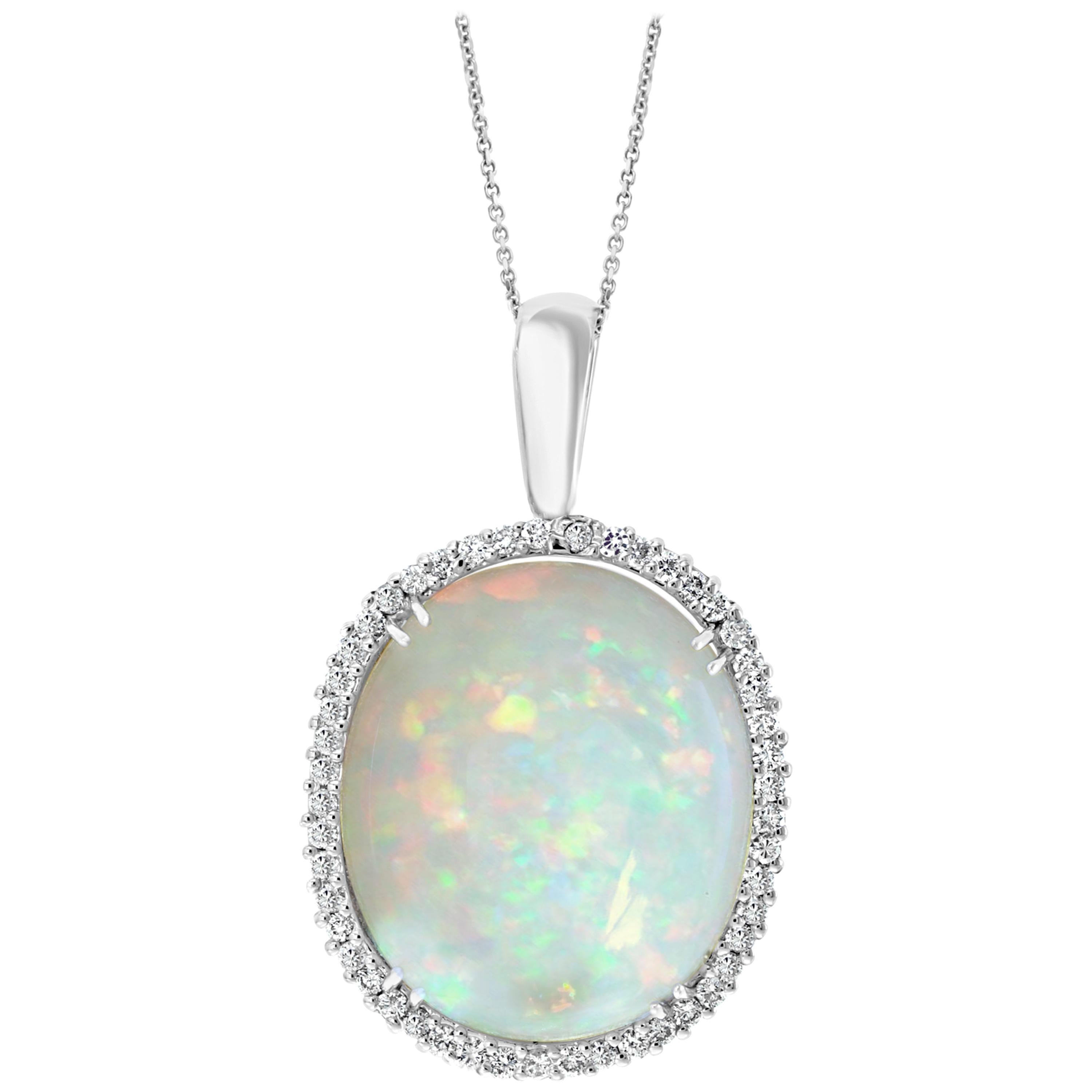 54 Carat Oval Ethiopian Opal and Diamond Pendant / Necklace 14 Karat White Gold