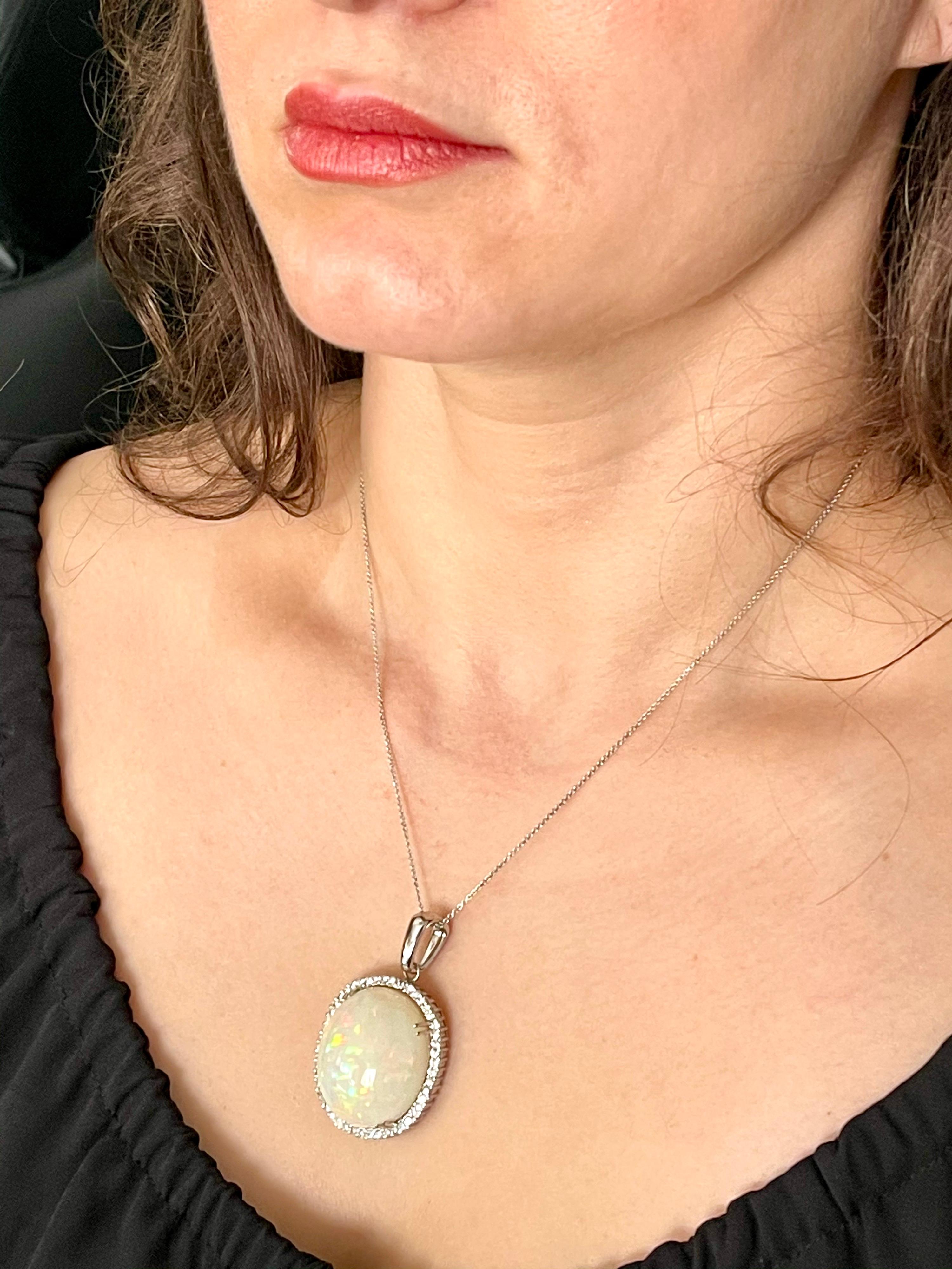 54 Carat Oval Ethiopian Opal and Diamond Pendant / Necklace 14 Karat White Gold 3
