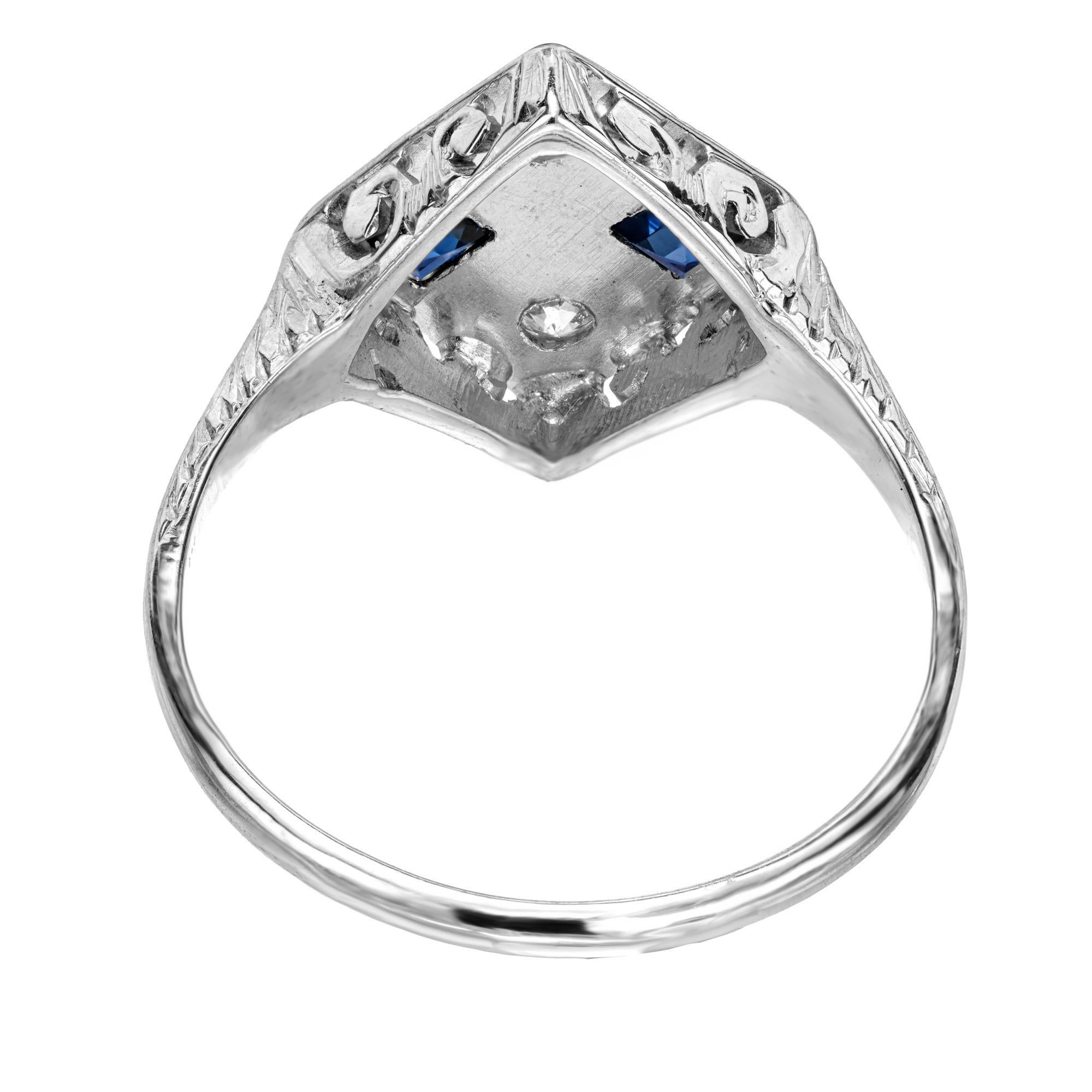 Square Cut .54 Carat Sapphire Diamond Platinum Art Deco Calibre Ring For Sale